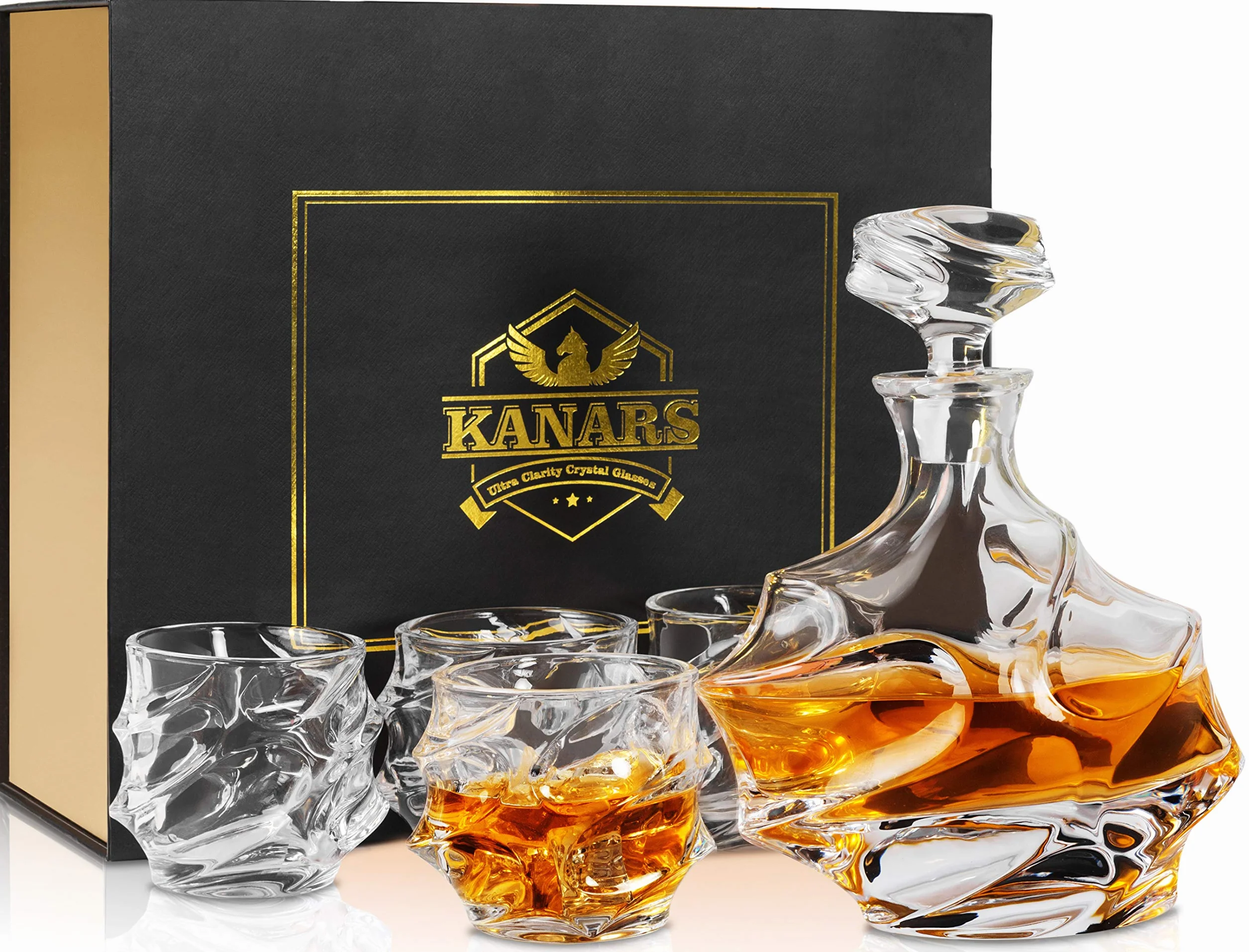 KANARS Zestaw Szklanki oraz Karafka do Whisky, 750 ml Dekantery z 4×320 ml Szkło do Whisky do Koktajl, Martini, Koniak, Bourbon, Tequila, Zestaw 5 Sztuk, Pudełko Upominkowe