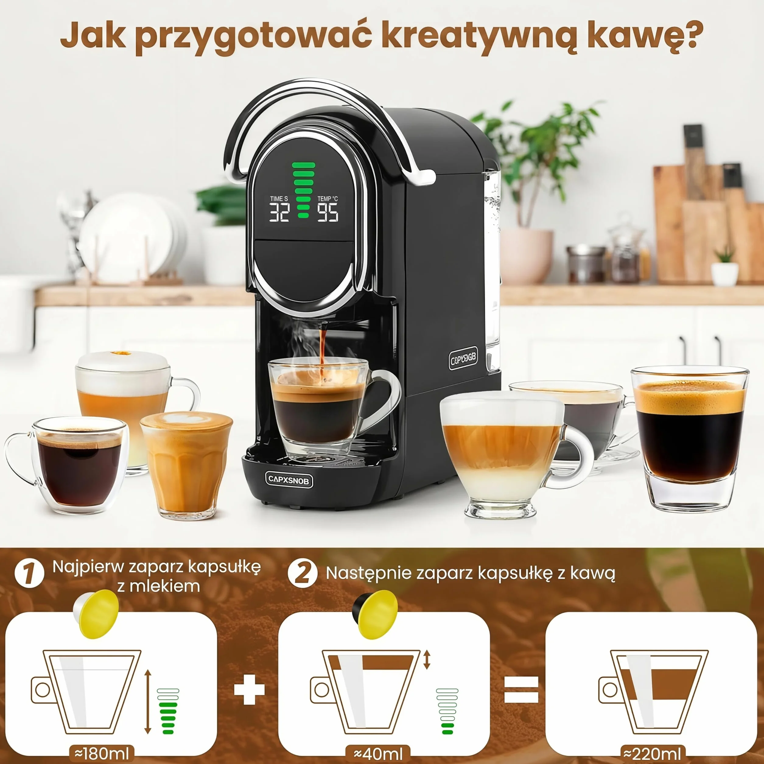 Magician1 Mini Ekspres do kawy 5 w 1, Nespresso, Dolce Gusto, Lavazza A Modo Mio, ESE 44mm, 20 Bar, 1450W