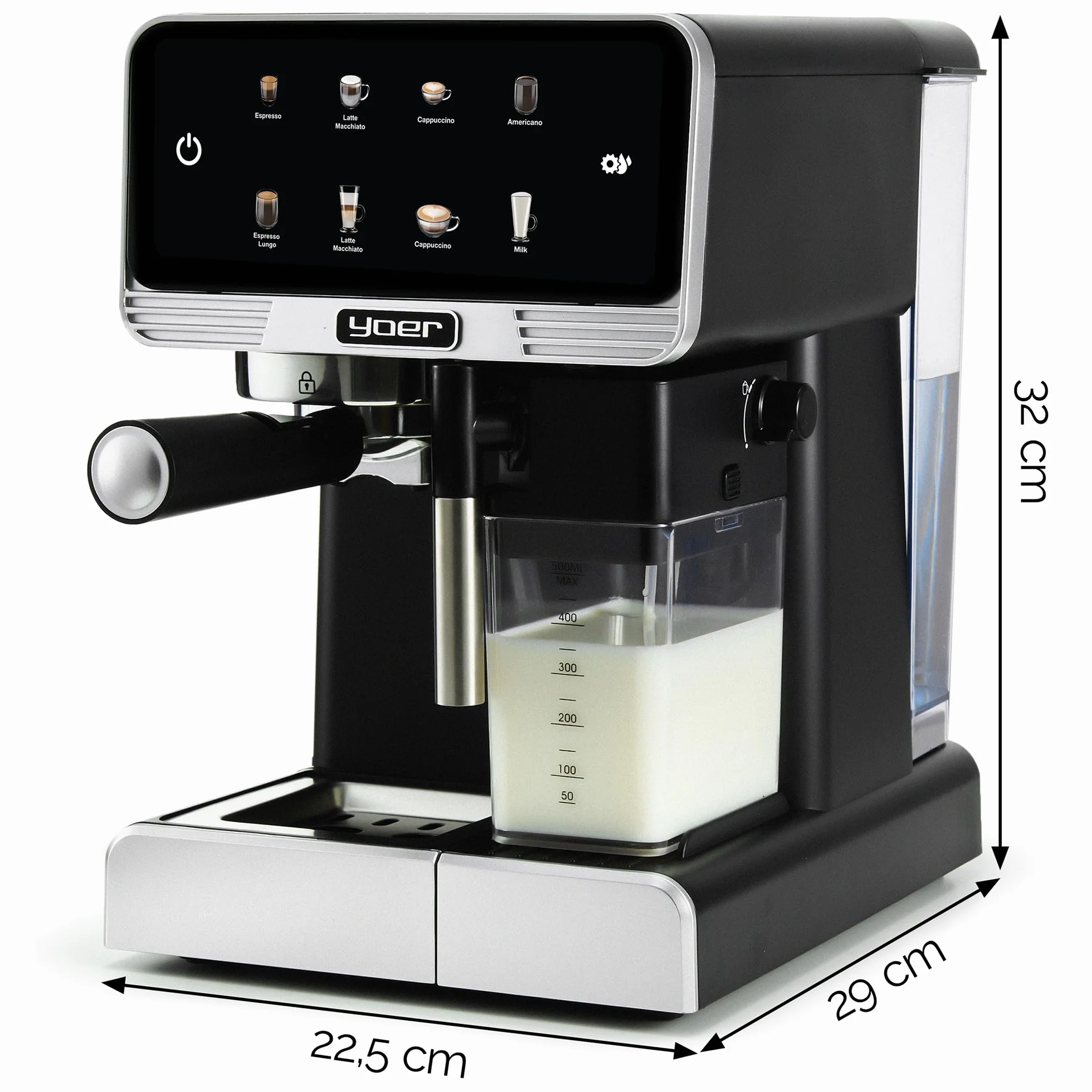 YOER Creamo EMF03BK, w pełni automatyczny ekspres do espresso, 20 bar, 1350 W, 1,8 l, 6 automatycznych programów, automatyczne spienianie mleka, regulacja ilości kawy i mleka, automatyczny