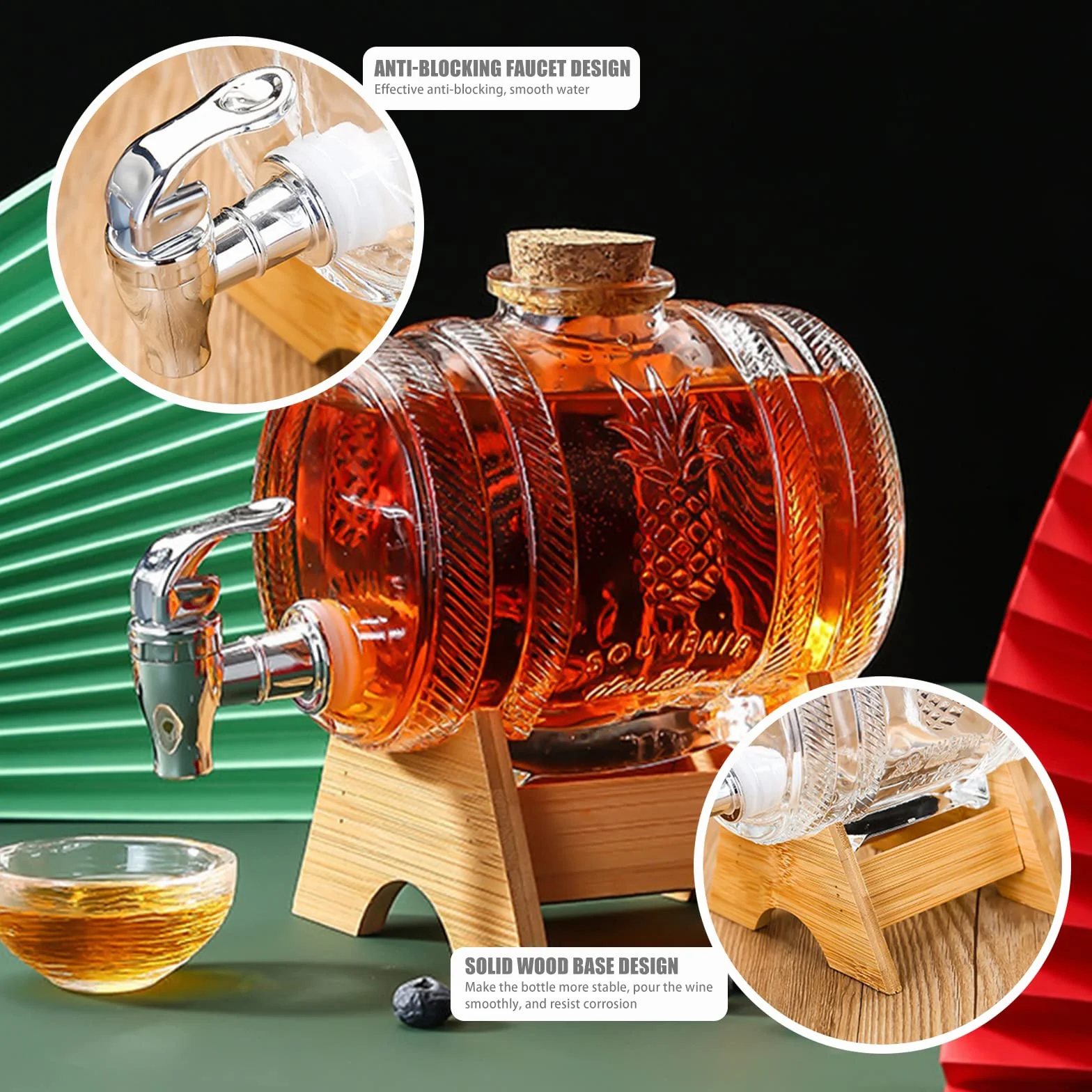 Dozownik do napojów w kształcie beczki, 1 l, karafka do whisky z kranikiem, przezroczysty dozownik z drewnianą podstawką do wina, beczki whisky, lemoniady (JS-1)