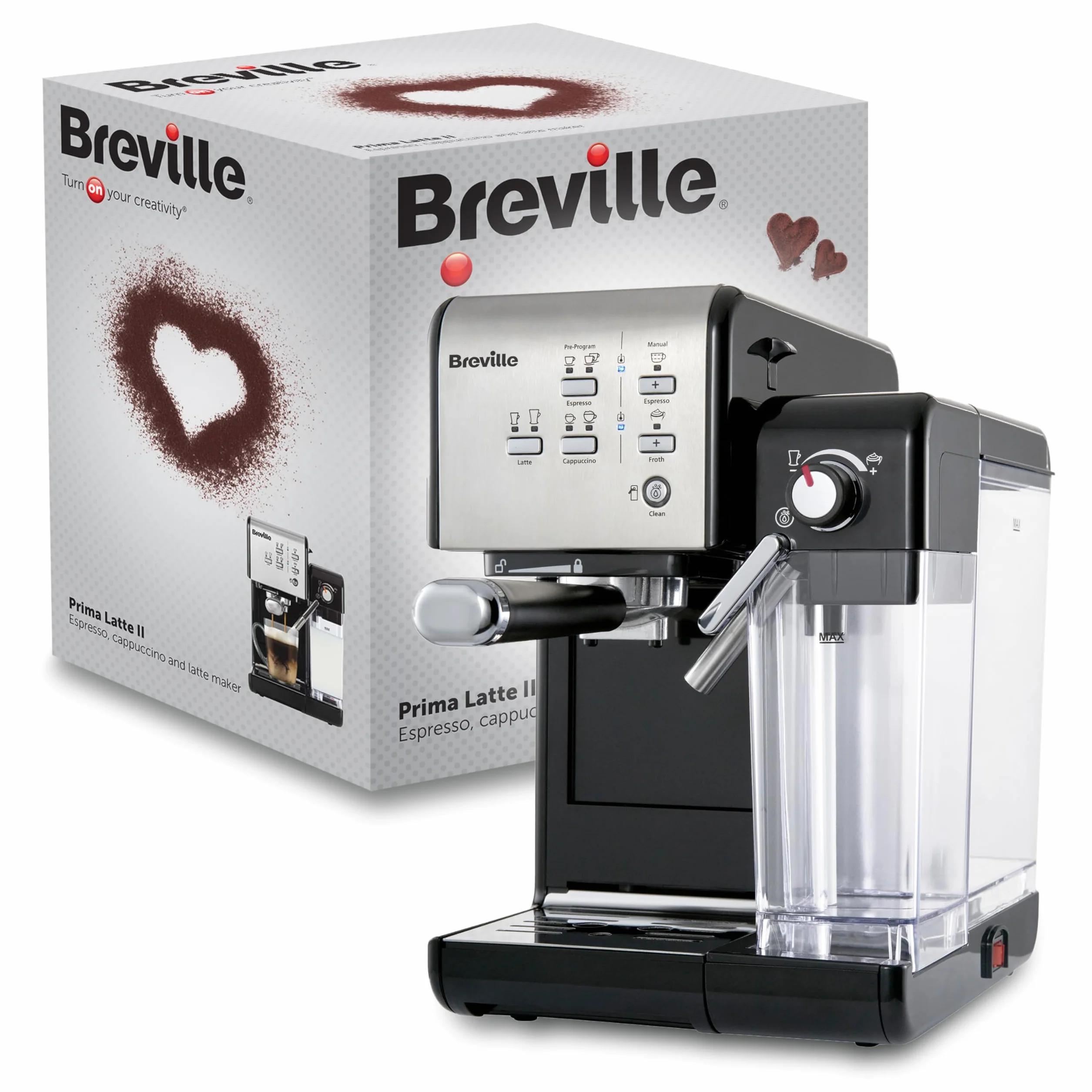 Breville Ekspres do kawy Kolbowy PrimaLatte II VCF108X, 19 Bar, Zintegrowany automatyczny spieniacz do mleka, wyjmowany pojemnik na mleko, Srebrny
