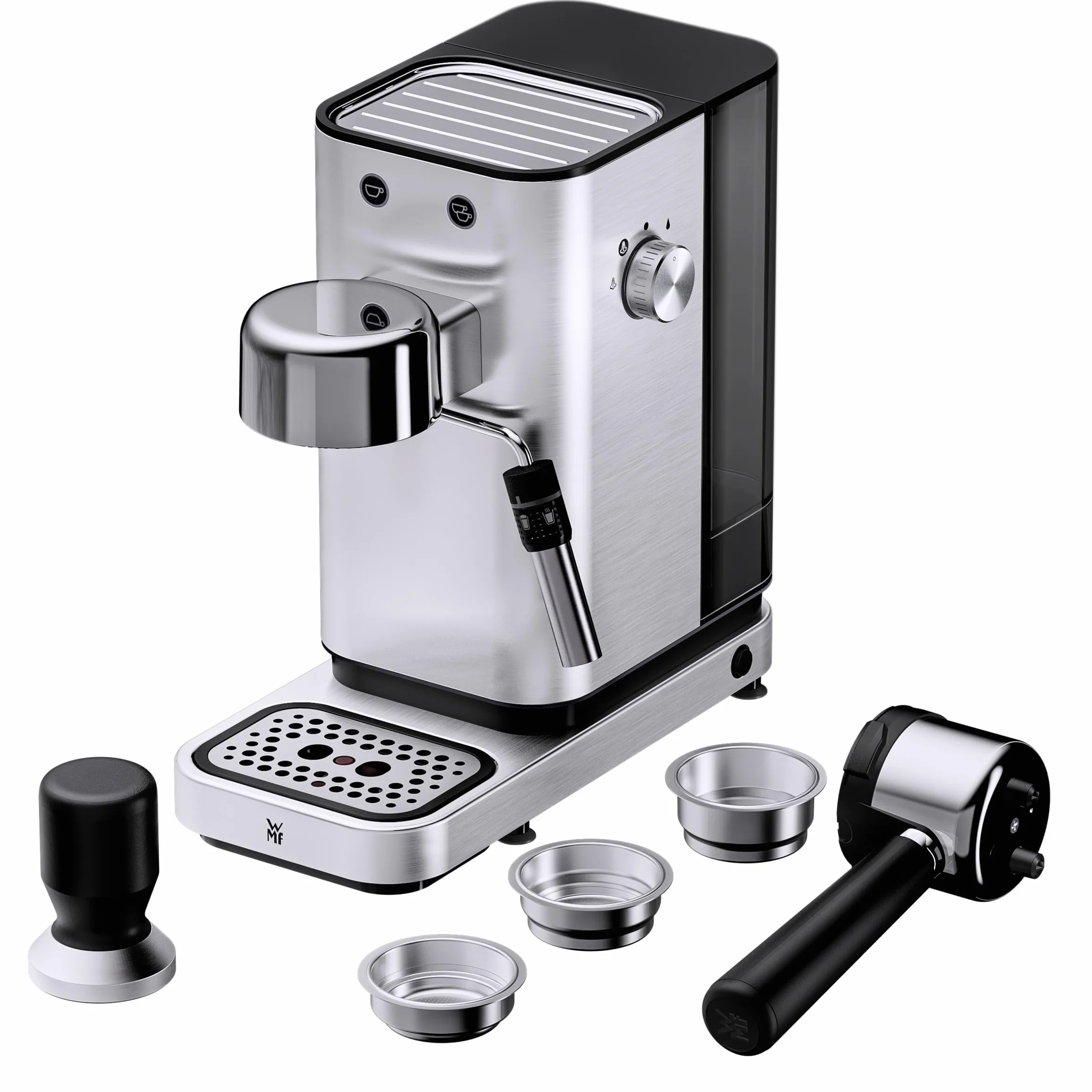 WMF Lumero ekspres do kawy z sitkiem, 1400 W, 3 wkładki, na 1-2 filiżanki espresso, również do saszetek, 15 bar, powierzchnia do odstawiania filiżanek, dysza do spieniania mleka, stal nierdzewna
