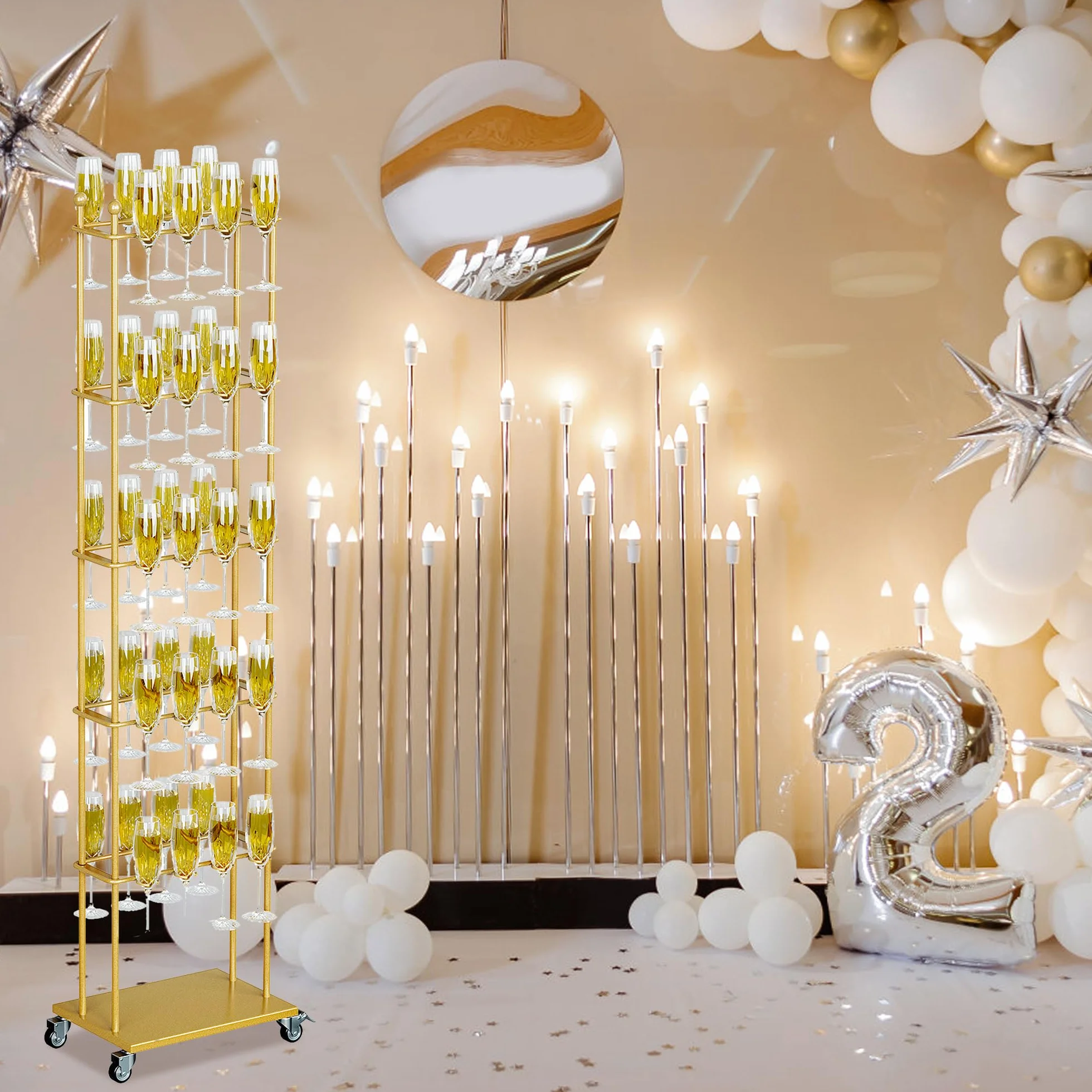 Tonchean Tower Gold, wieża szampańska 5 poziomów, 40 szklanek, Aperol Tower, metalowy stojak na koktajle, drzewko do serwowania, na imprezy, wesela, do pubów