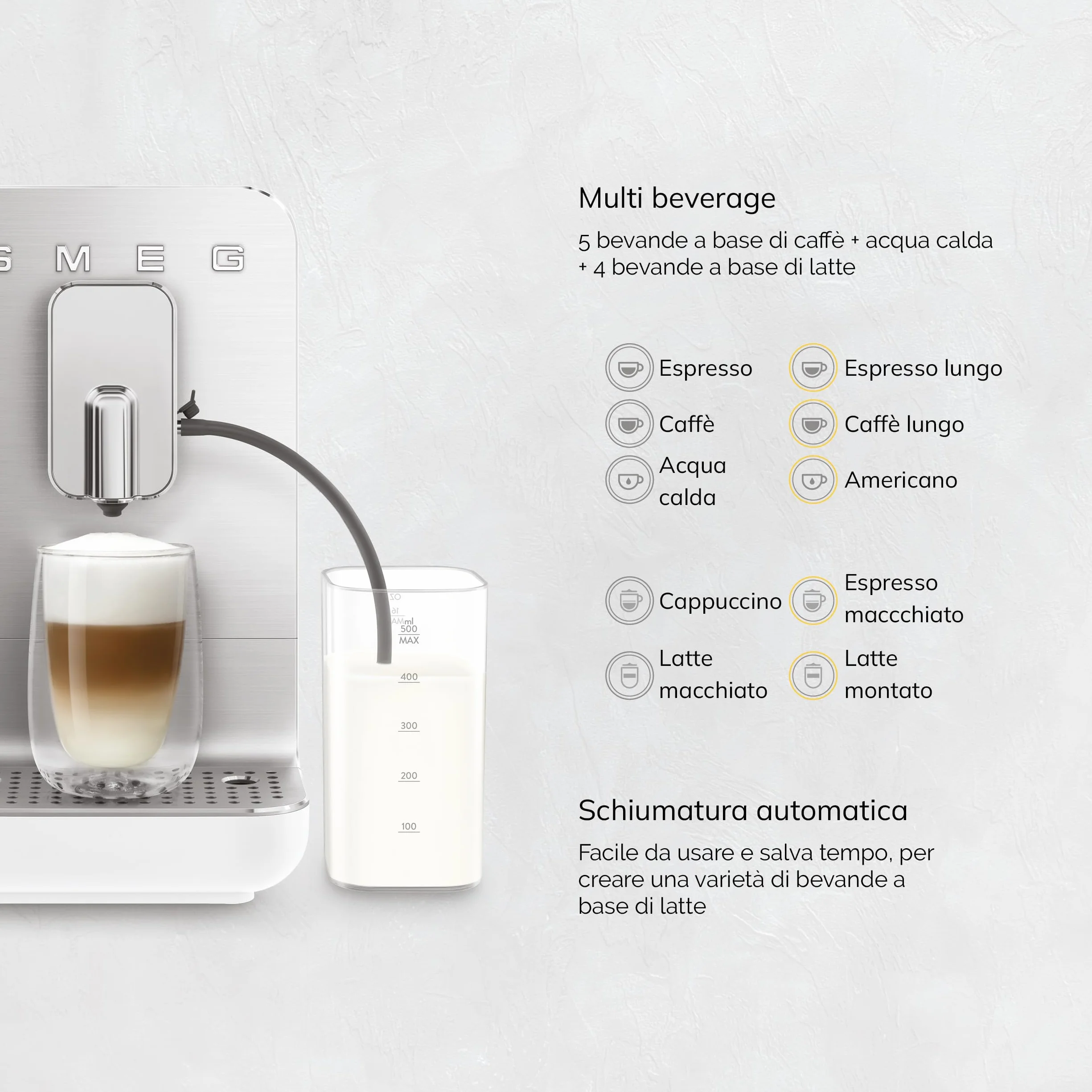 SMEG BCC13WHMEU ekspres do kawy espresso z funkcją mleka, matowy biały ze stali nierdzewnej