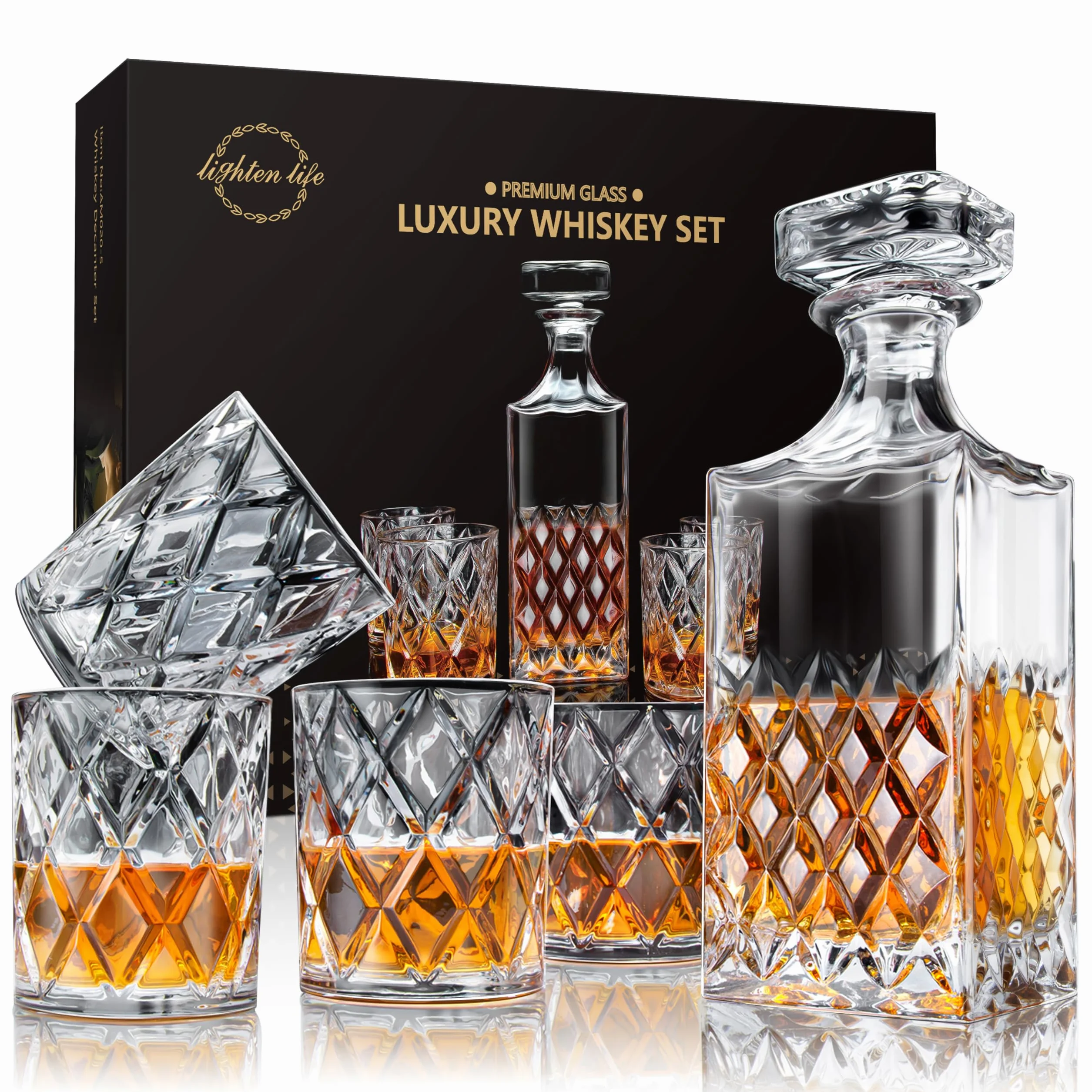 LIGHTEN LIFE Zestaw karafki do whisky – 849 ml z 4 szklankami w pudełku upominkowym, karafka premium bez ołowiu dla mężczyzn