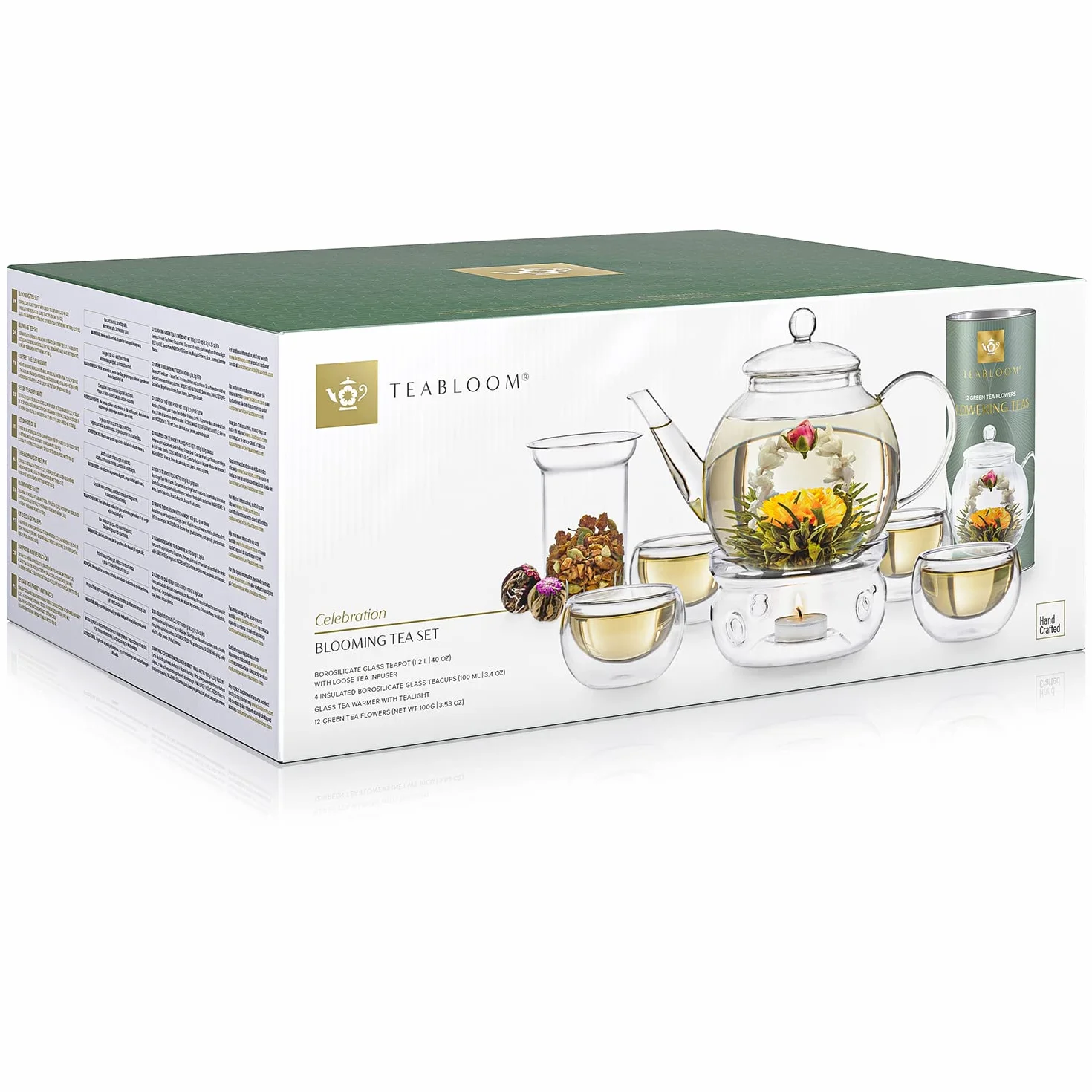 Teabloom Kompletny zestaw do herbaty – szklany czajniczek (1,2 l), zaparzacz do herbaty sypanej, 2 izolowane szklane filiżanki – elegancki zestaw upominkowy 12 kwitnących herbat