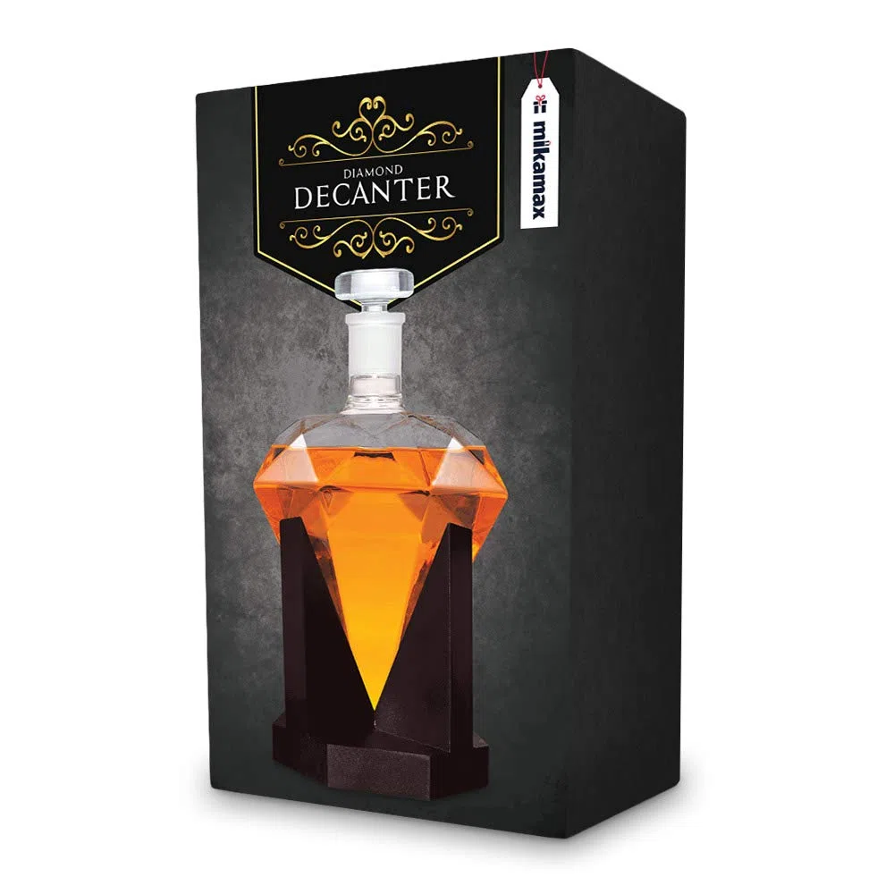 mikamax Karafka diamentowa, 850 ml, przezroczysta, z drewnianą ramą, świetny pomysł na prezent dla miłośników whisky