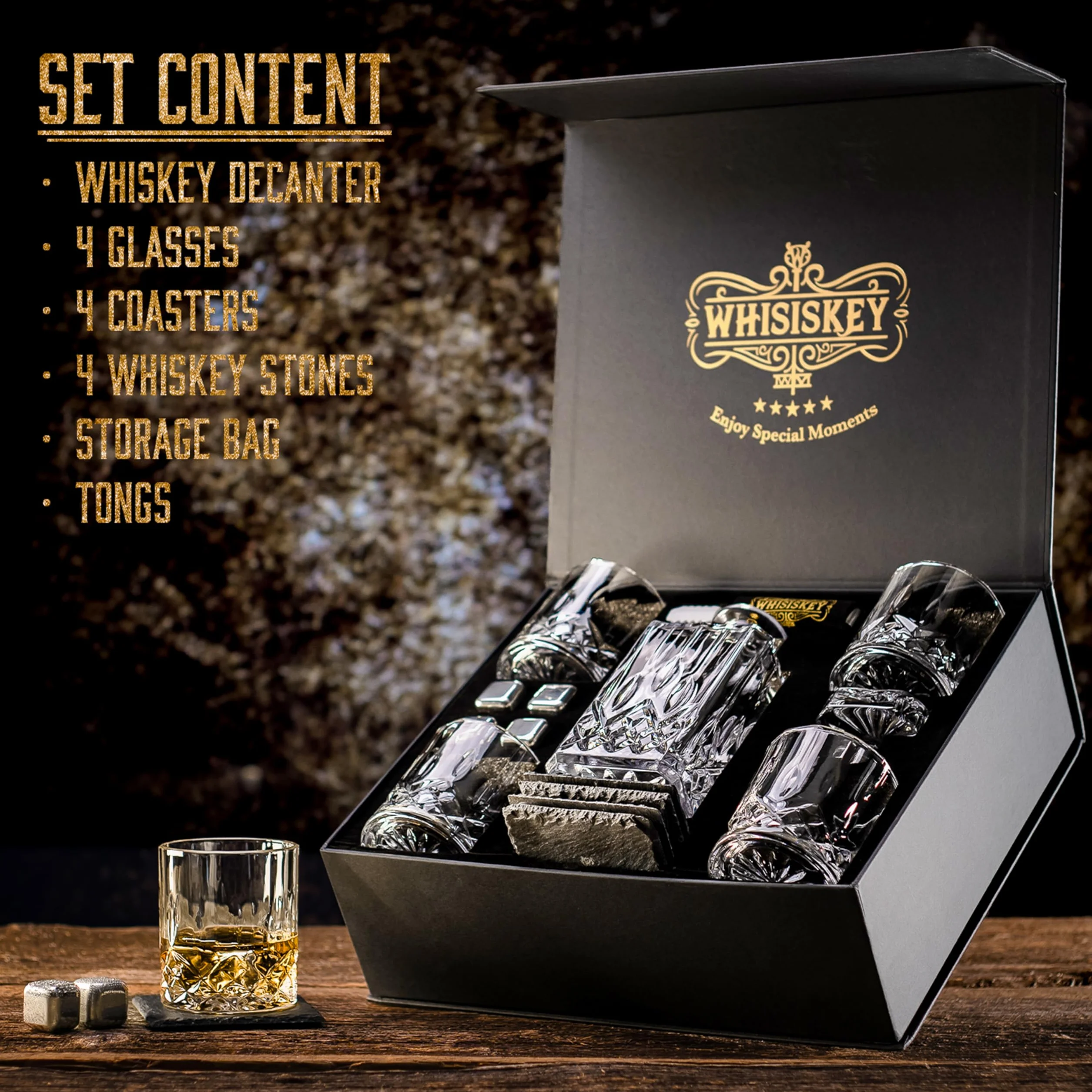 WHISISKEY Zestaw Karafka do Whisky - Zestaw Prezentowy Whiskey - Prezenty dla Mężczyzn - Pomysły na Prezent dla Mężczyzny - Klasyczna Karafka 700ML, 4 Szklanki do Whisky, 4 Kamienie do Whisky