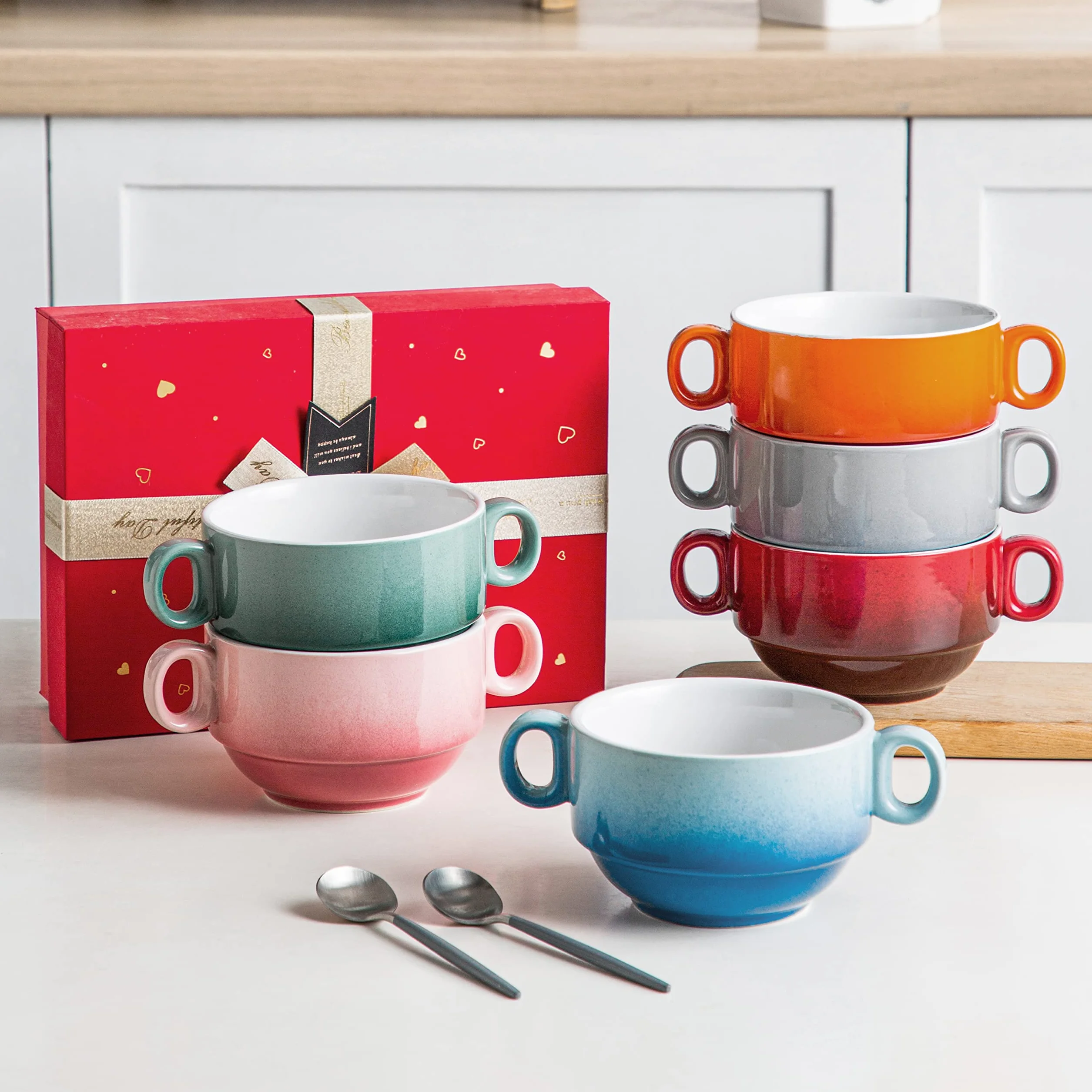 LOVECASA, Kubek do bulionu z uchwytami, 400ml, 6-częściowe ceramiczne miski do zupy, można myć w zmywarce i piekarniku - Wielokolorowy