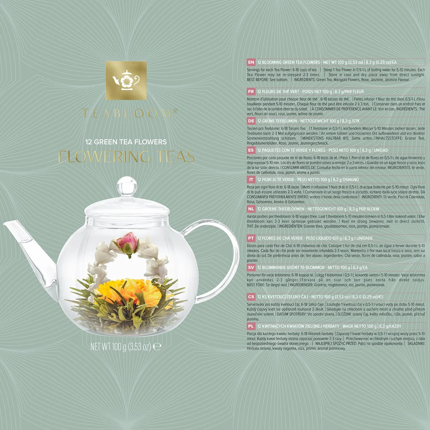 Teabloom Kompletny zestaw do herbaty – szklany czajniczek (1,2 l), zaparzacz do herbaty sypanej, 2 izolowane szklane filiżanki – elegancki zestaw upominkowy 12 kwitnących herbat