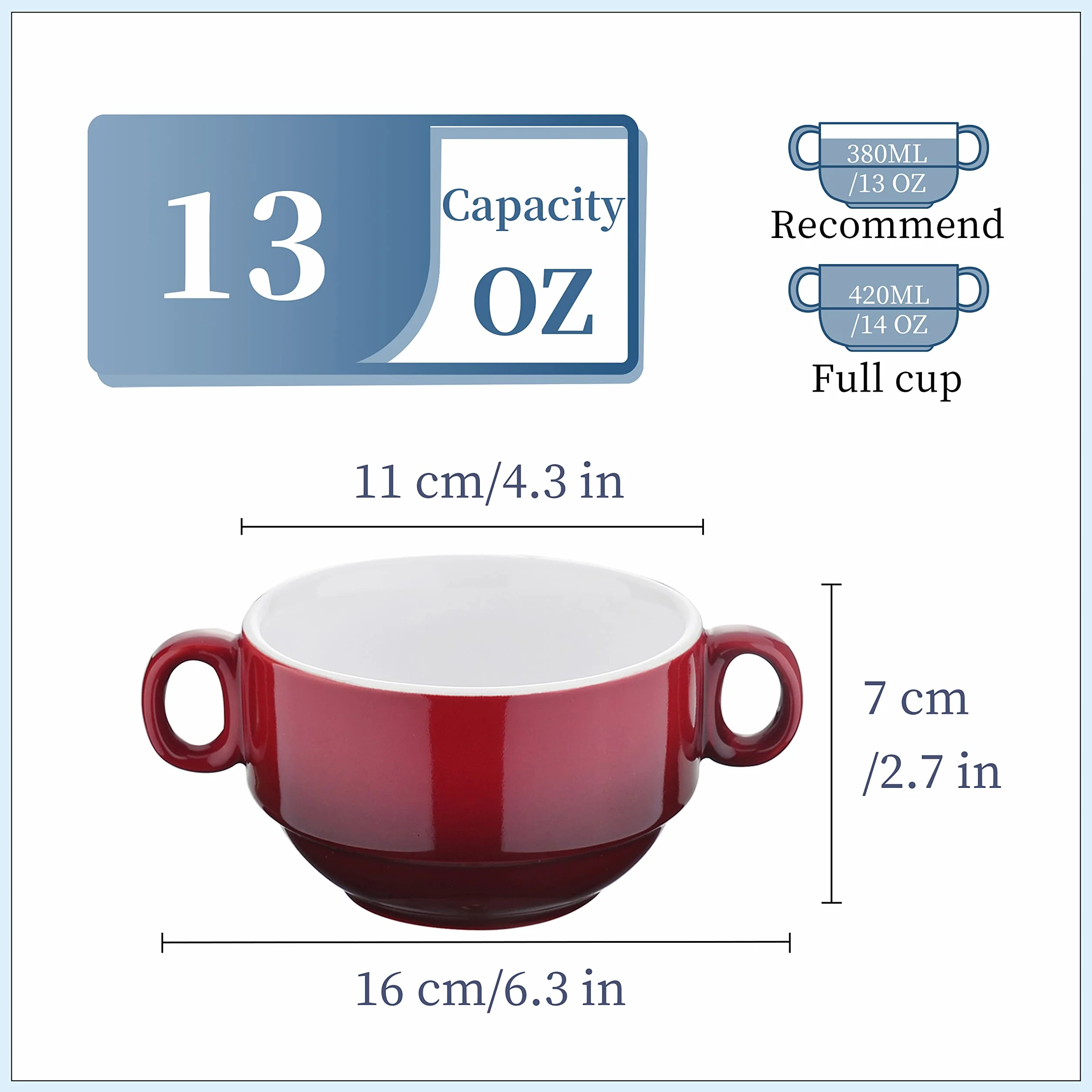 LOVECASA, Kubek do bulionu z uchwytami, 400ml, 6-częściowe ceramiczne miski do zupy, można myć w zmywarce i piekarniku - Wielokolorowy