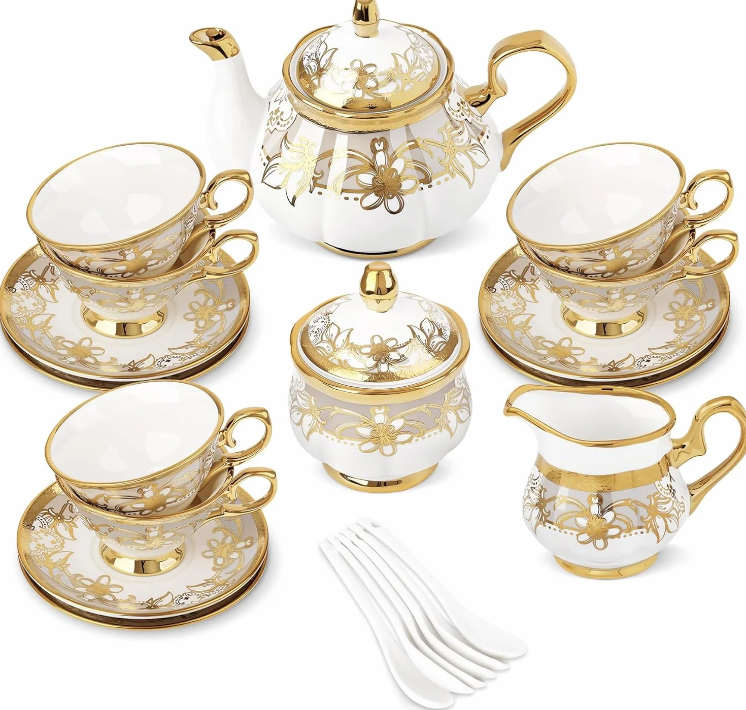 fanquare 21-częściowy porcelanowy serwis do herbaty z cukiernicą, dzbankiem na mleko, filiżankami i spodkami dla 6 osób, Królewski serwis do kawy z kwiatowym wzorem i złotym wykończeniem na przyjęcie