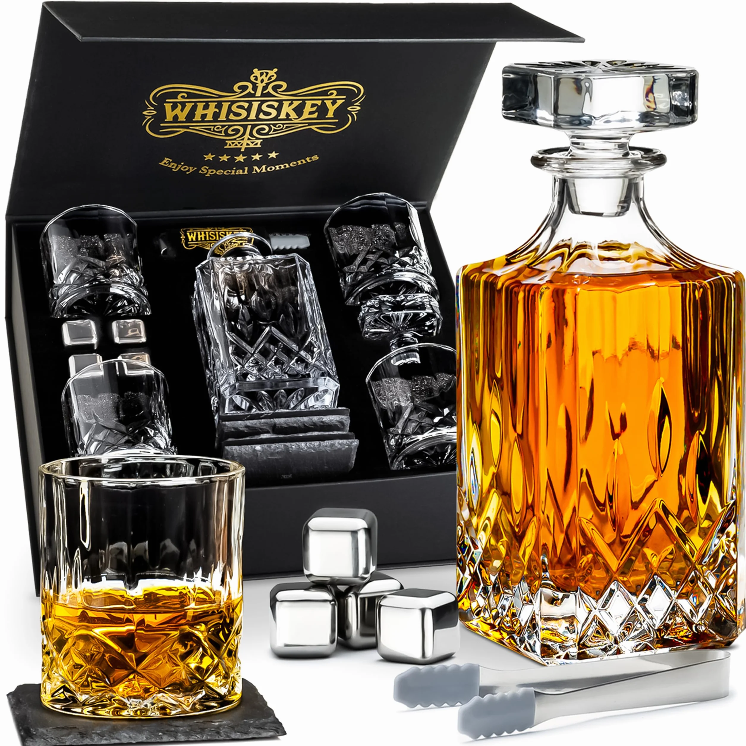 WHISISKEY Zestaw Karafka do Whisky - Zestaw Prezentowy Whiskey - Prezenty dla Mężczyzn - Pomysły na Prezent dla Mężczyzny - Klasyczna Karafka 700ML, 4 Szklanki do Whisky, 4 Kamienie do Whisky