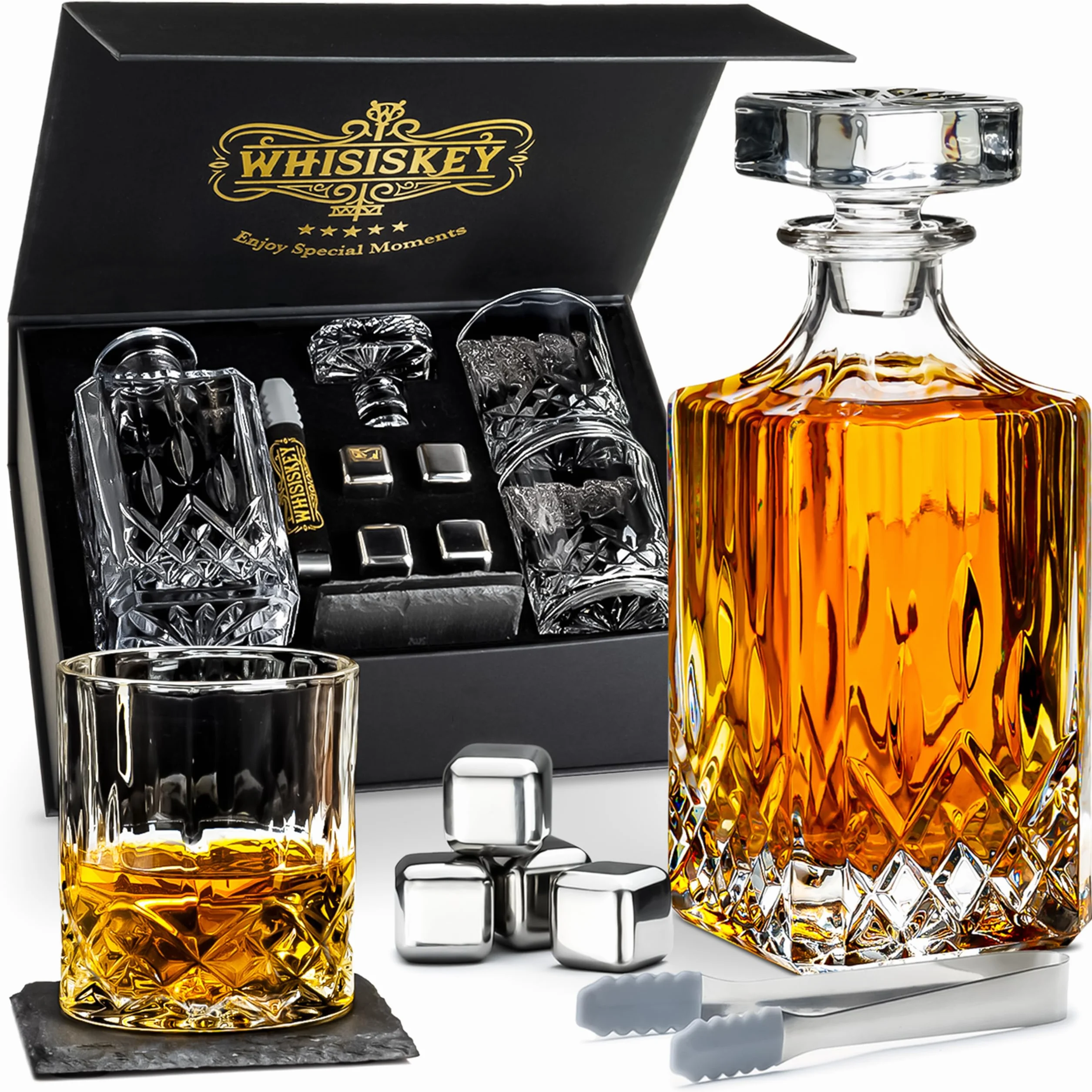 WHISISKEY Zestaw Karafka do Whisky - Zestaw Prezentowy Whiskey - Prezenty dla Mężczyzn - Pomysły na Prezent dla Mężczyzny - Klasyczna Karafka 700ML, 2 Szklanki do Whisky, 4 Kamienie do Whisky