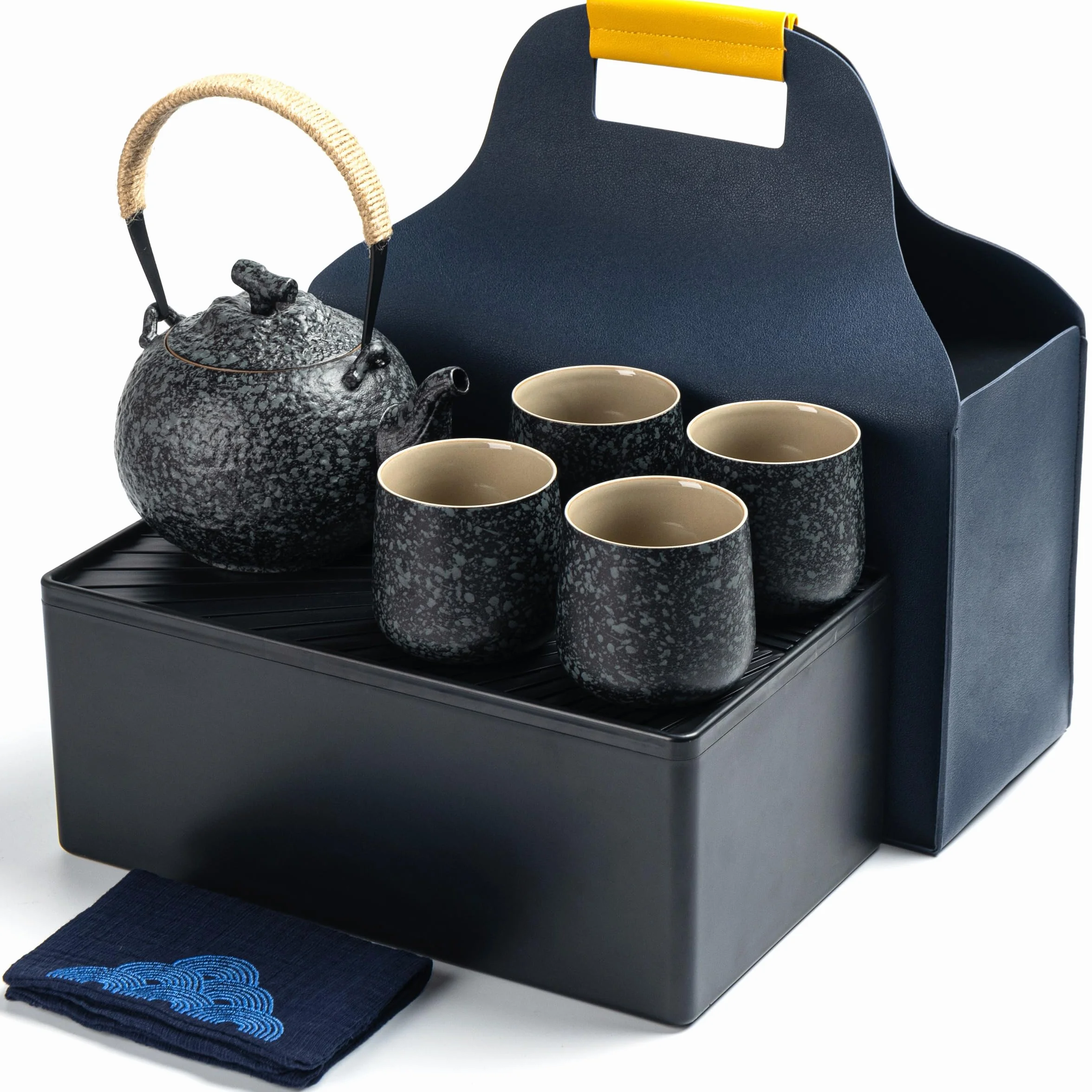 TEANAGOO Przenośny japoński zestaw do herbaty, węglowoszary podróżny porcelanowy zestaw do herbaty, 1 czajniczek (700ml/25oz) + 4 filiżanki do herbaty (205ml/7.2oz), U2, etui na tacę do herbaty