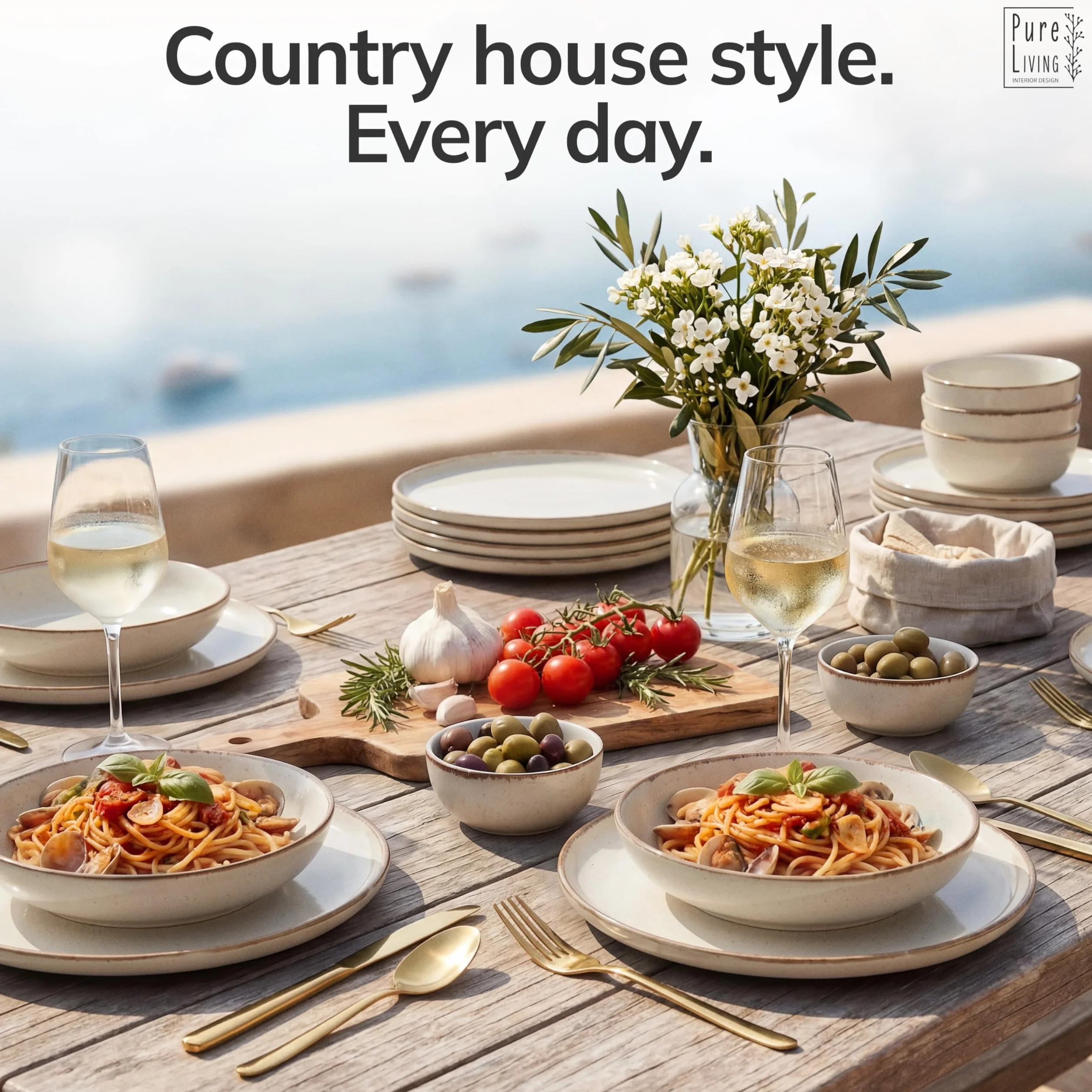 PURE LIVING INTERIOR DESIGN - 24-częściowy zestaw obiadowy dla 6 osób - Piękny zestaw obiadowy z kamionki w stylu wiejskim - Talerze i miski nadają się do mycia w zmywarce i kuchence mikrofalowej