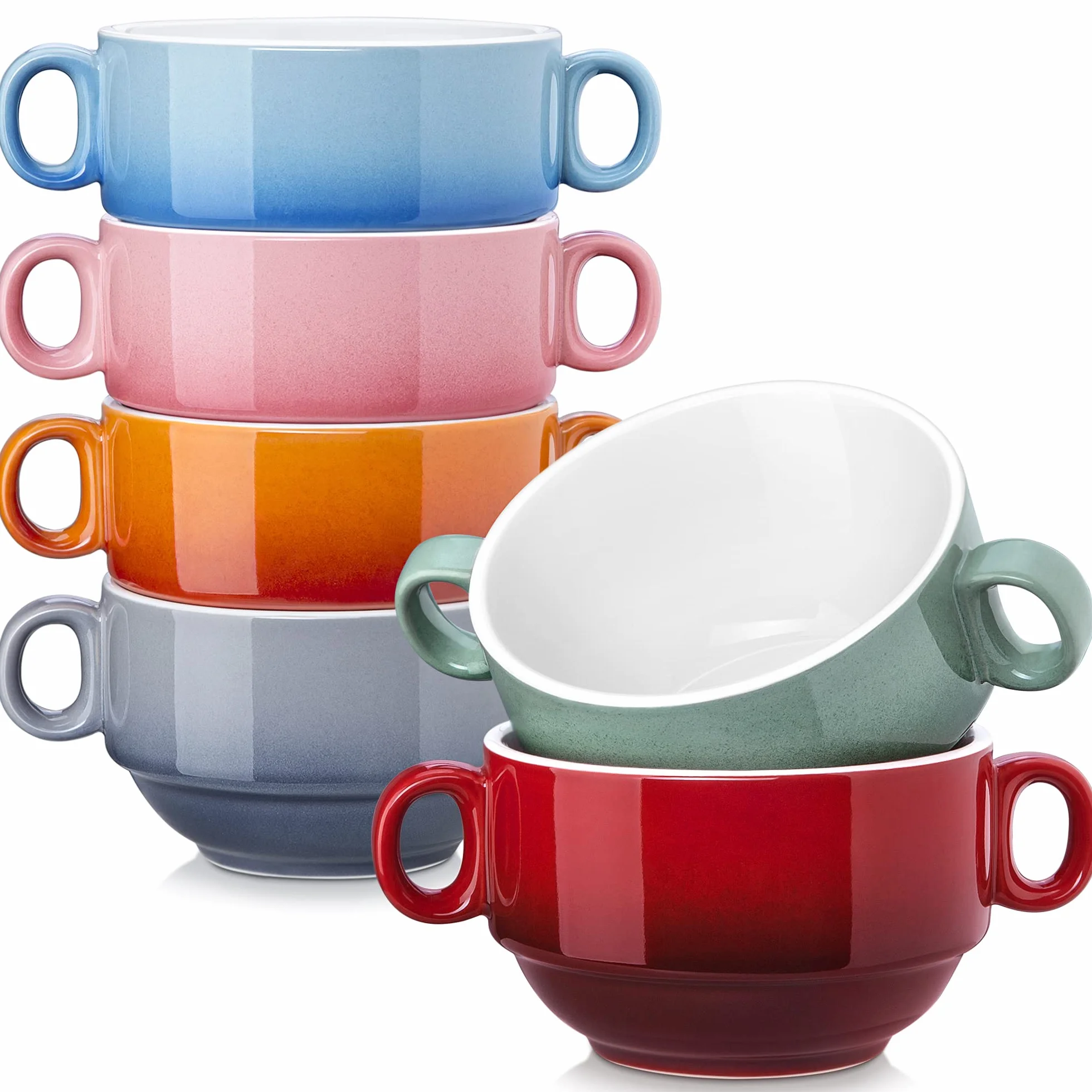 LOVECASA, Kubek do bulionu z uchwytami, 400ml, 6-częściowe ceramiczne miski do zupy, można myć w zmywarce i piekarniku - Wielokolorowy