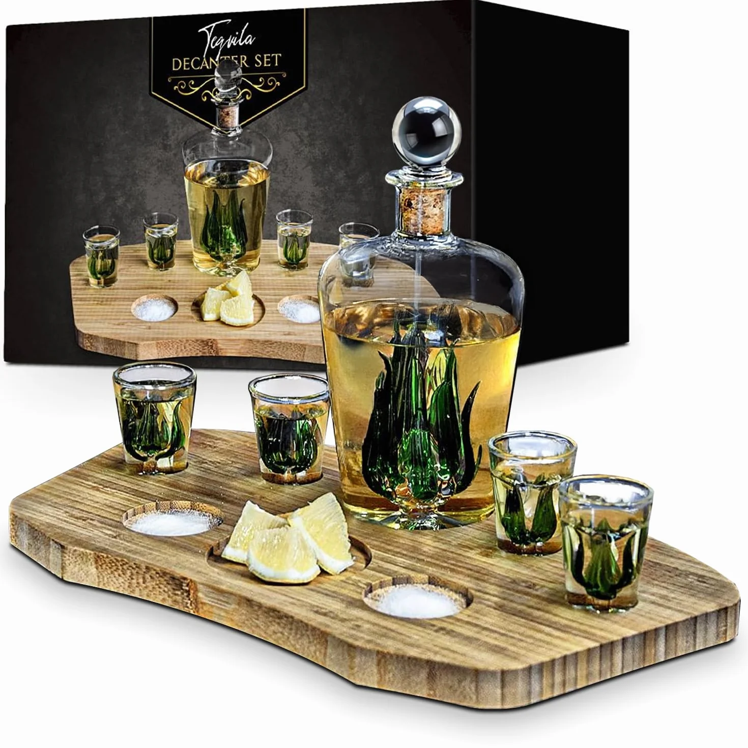 Mikamax Zestaw Karafek Tequila – Zestaw Tequili – Zestaw Prezentowy Tequila – W Zestawie 4 Szklanki do Tequili – Bambusowy Talerz – Kieliszki do Szotów – 840 Mililitrów