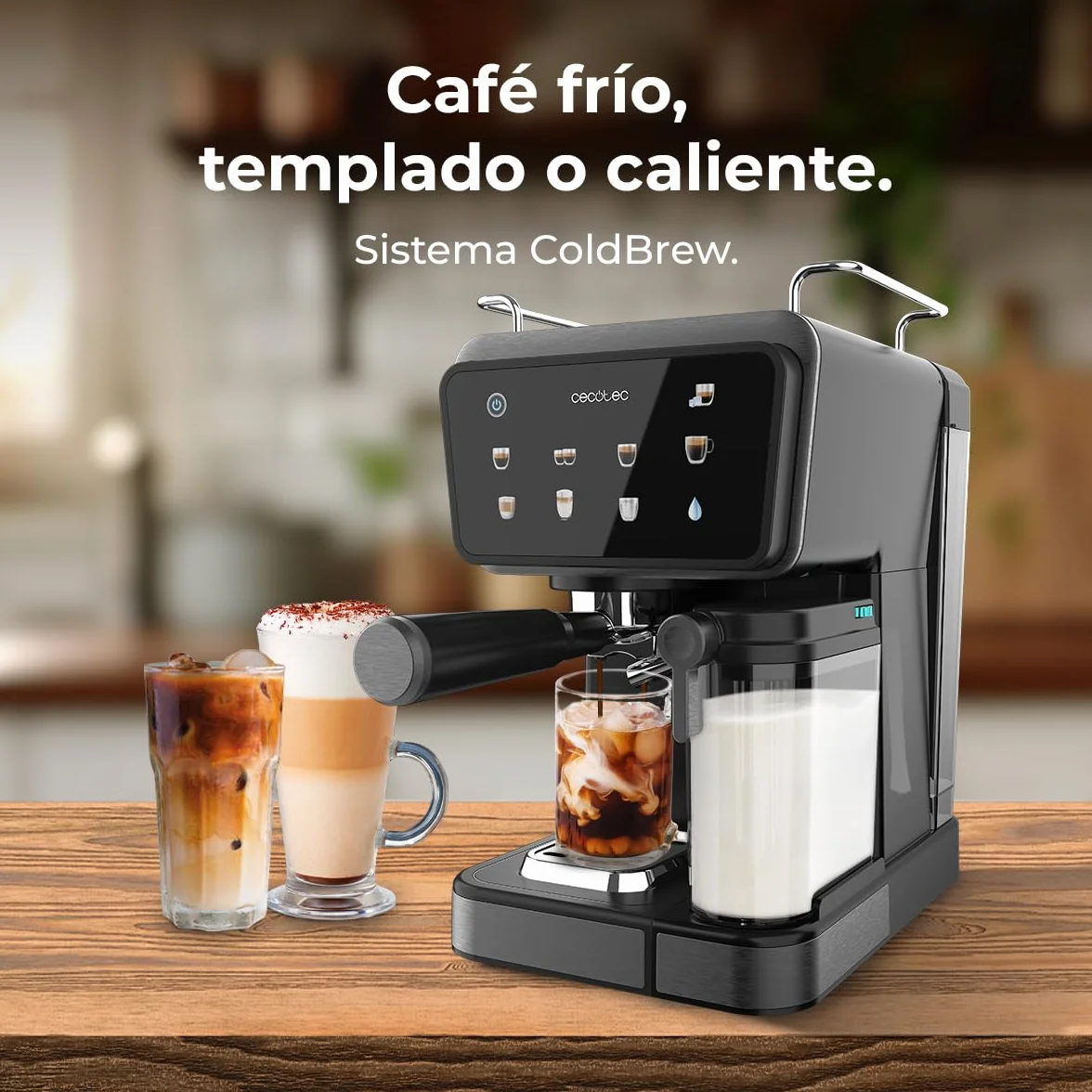 Cecotec Ekspresy do kawy półautomatyczne Power Espresso Touch ColdBrew Latte. 1350 W, 20 barów, zimny, hartowany lub gorący, ekran dotykowy, zbiornik na wodę 1,5 l, zbiornik na mleko, podwójne ramię