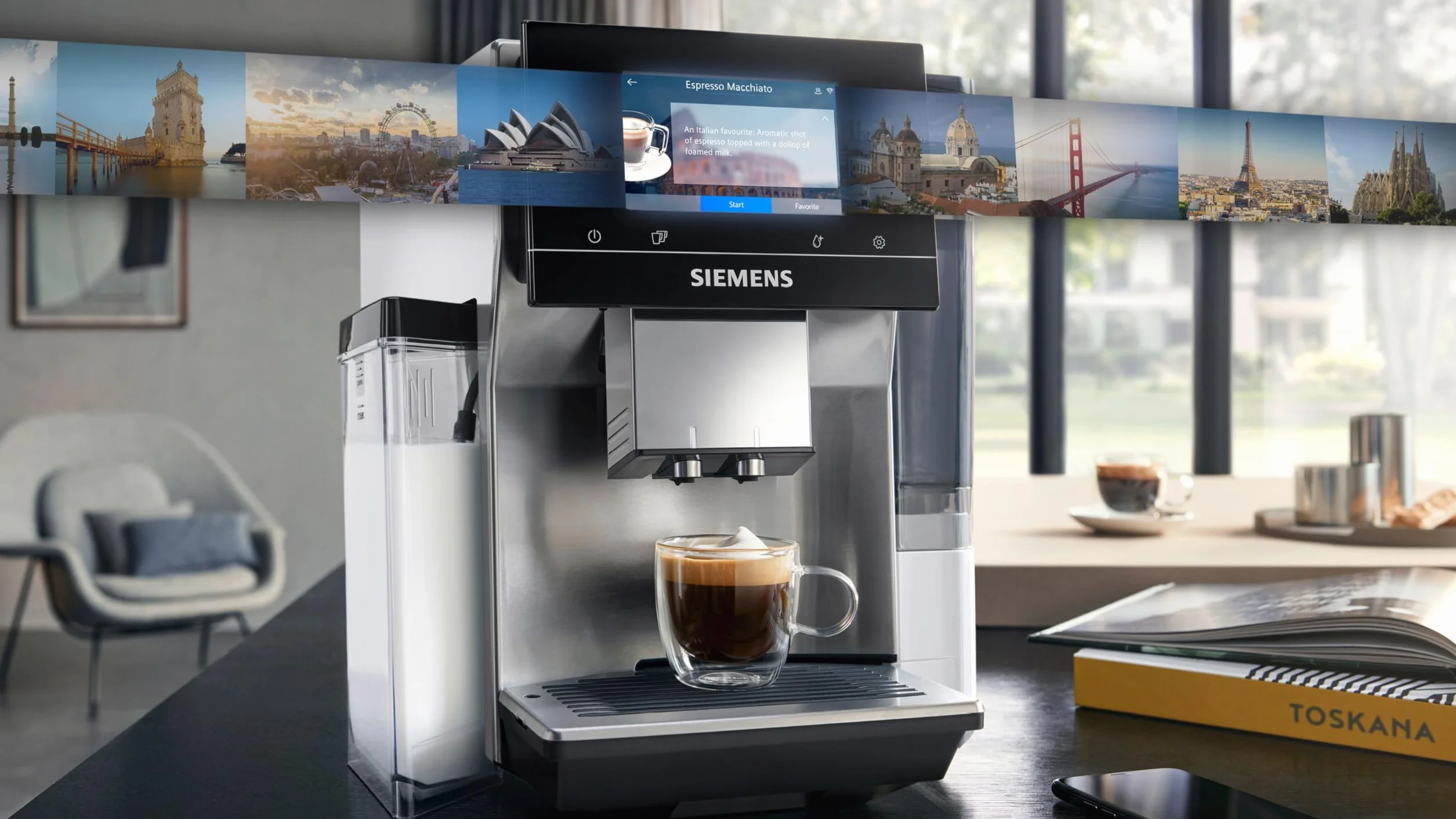 SIEMENS, w pełni automatyczny ekspres do kawy zbożowej, EQ700, ekran iSelect,coffeeWorld,Cold Brew,Slow Brew,taca na mleko, adapter do cegieł na mleko, Home Connect, stal nierdzewna, biały, integralny