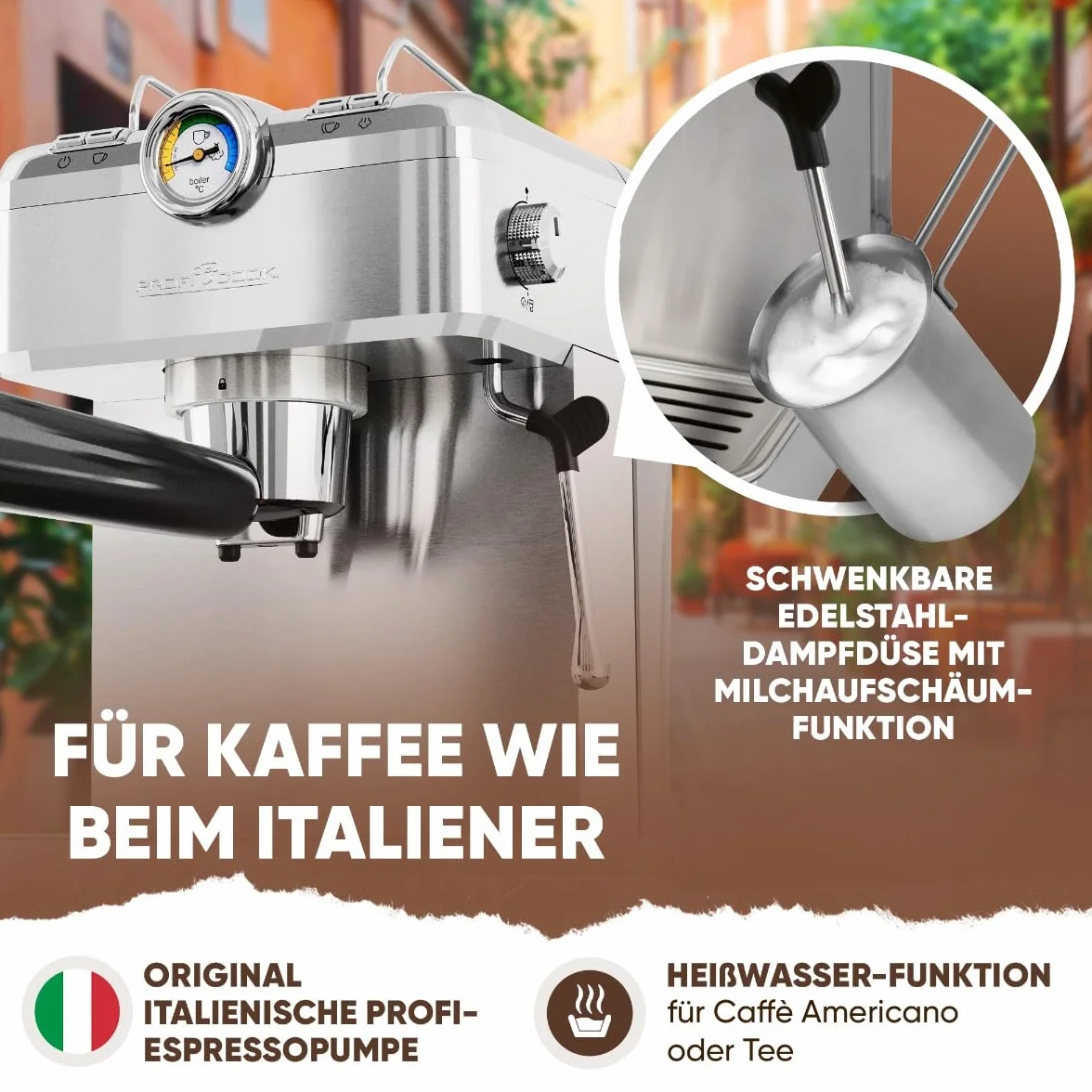 ProfiCook® ekspres do kawy, portafiltr, włoska profesjonalna pompa do espresso, 20 barów, do kawy w proszku i kapsułek kompatybilnych z Nespresso, portafilter do ekspresu do kawy, PC ES 1267