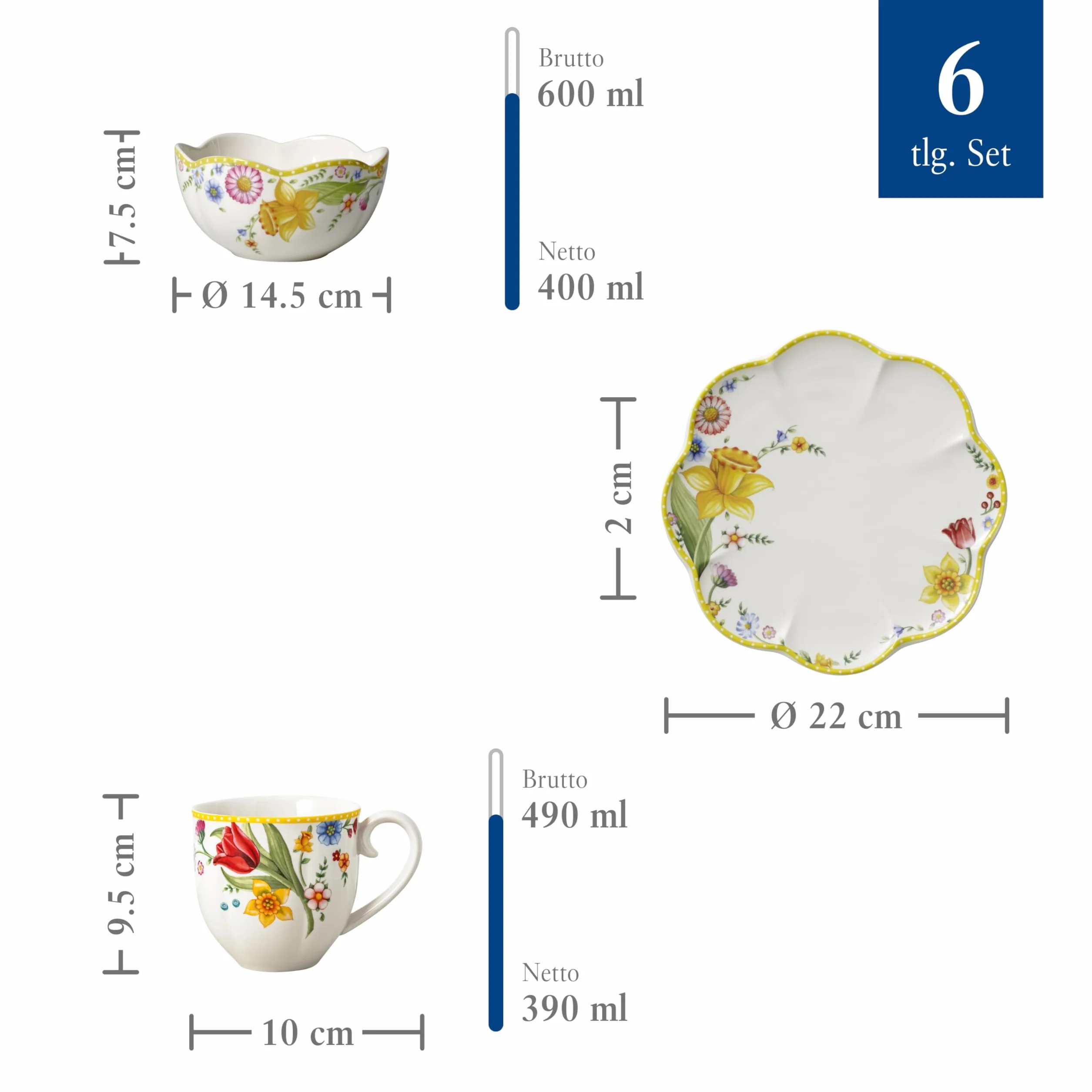 Villeroy & Boch Spring Awakening zestaw śniadaniowy dla 2 osób, 6-częściowy, zestaw naczyń wielkanocnych, śniadanie, Wielkanoc, serwis do kawy, naczynia na wiosnę, porcelana