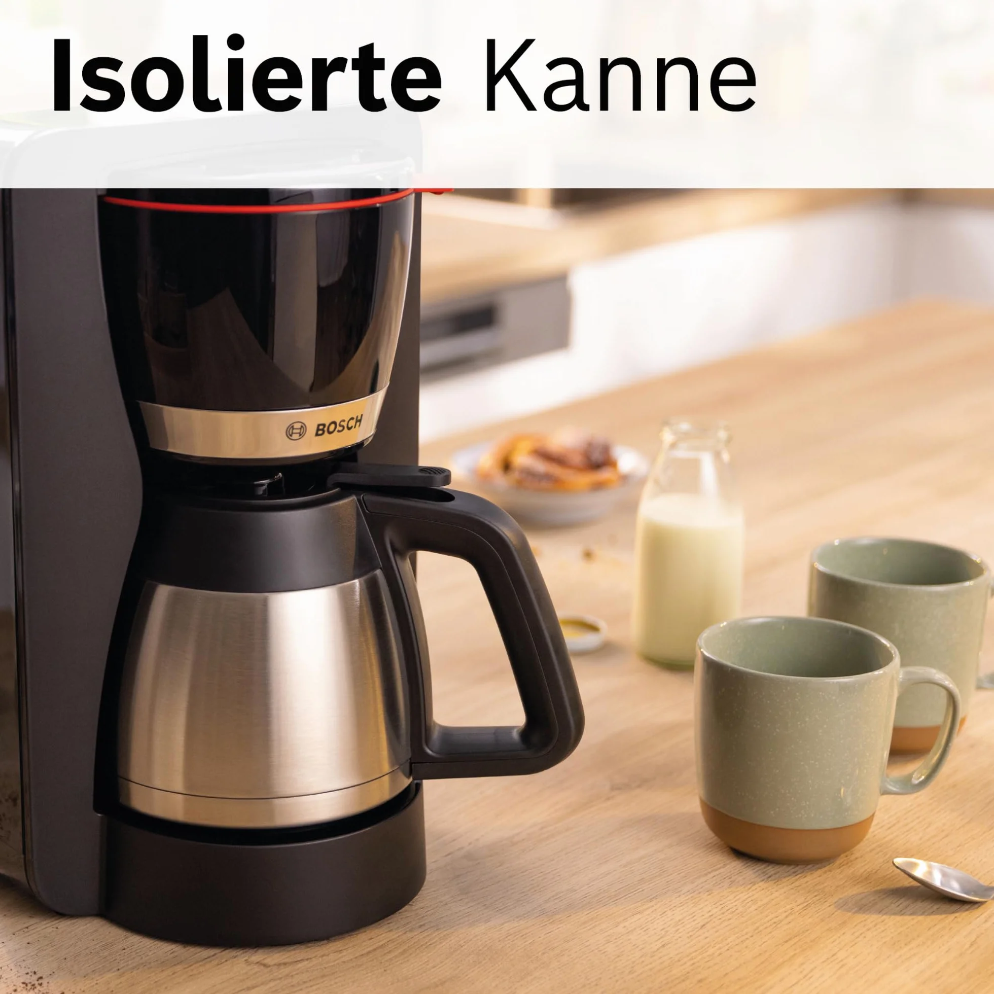 Bosch MyMoment TKA6M273 przelewowy ekspres do kawy, dzbanek termiczny 1 l, na 8-12 filiżanek, blokada kapania, obrotowy uchwyt filtrujący, program odkamieniania, zdejmowany zbiornik na wodę, 1200 W,