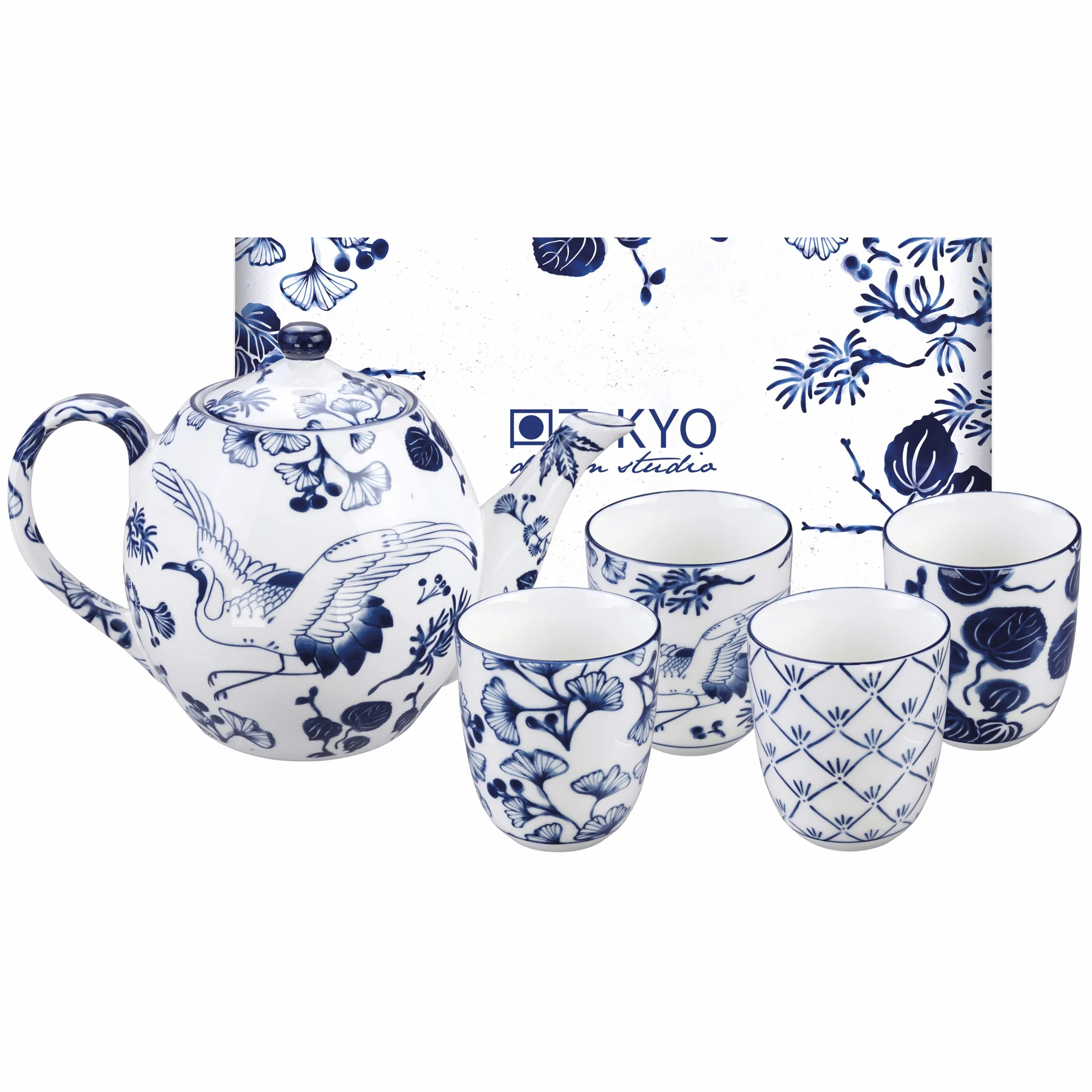 TOKYO design studio - 5-częściowy zestaw do herbaty Flora Japonica niebiesko-biały, 1 x dzbanek do herbaty 1,25 l i 4 x filiżanki do herbaty 170 ml, azjatycka porcelana, japoński wzór kwiatowy, w