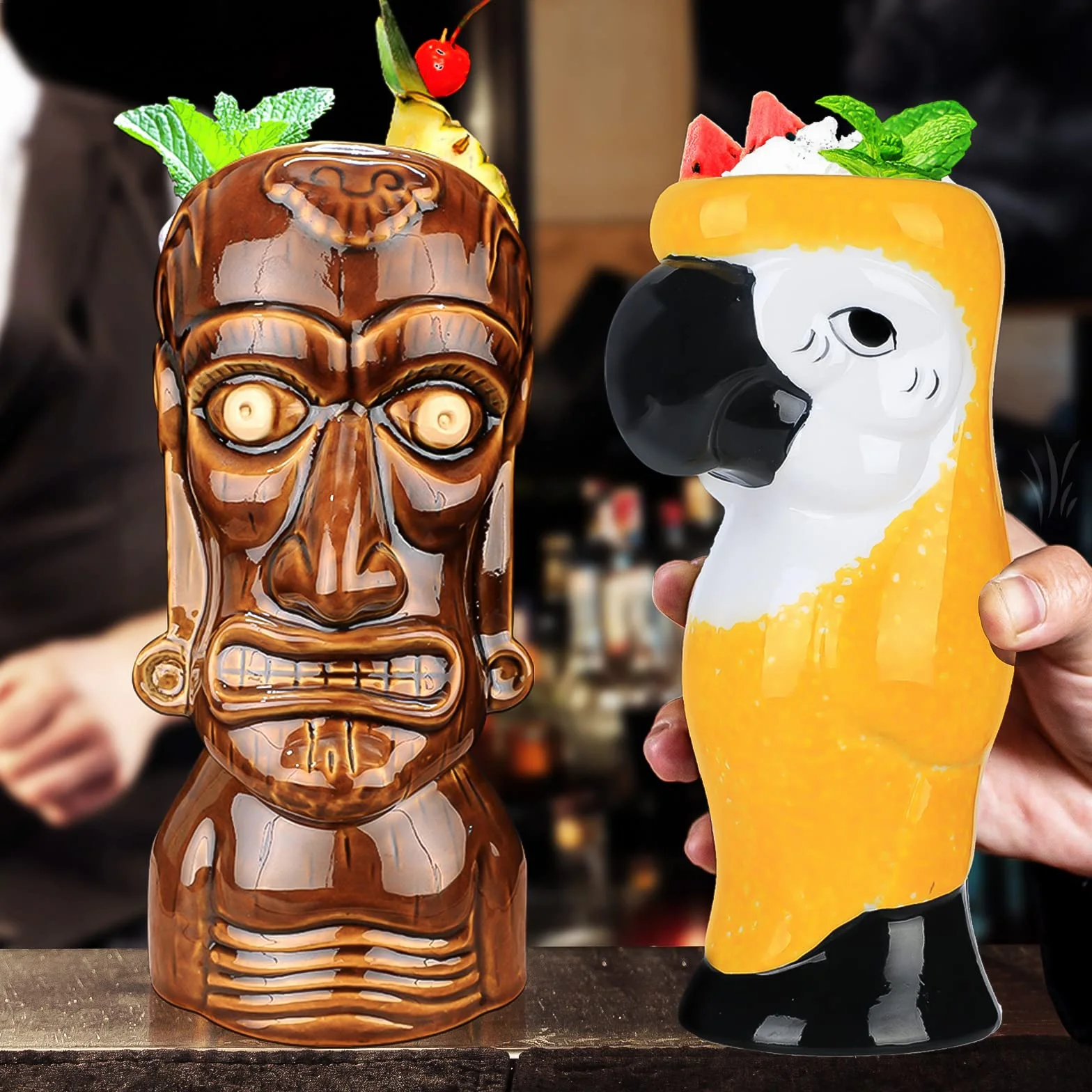 Tiki zestaw 8-częściowy zestaw szklanek koktajlowych, kolorowe ceramiczne kubki koktajlowe, kreatywna dekoracja na imprezę hawajską na egzotyczne imprezy, do baru, koktajli