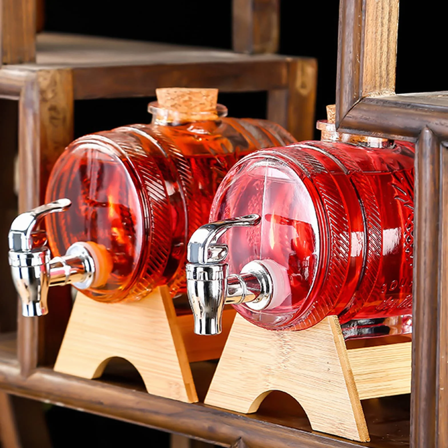 Karafka do whisky, 1000 ml, beczka z kranem i drewnianą podstawką, szklany dozownik do napojów z korkiem, przezroczysty dozownik alkoholu, zestaw na prezent dla chłopaka, męża, ojca