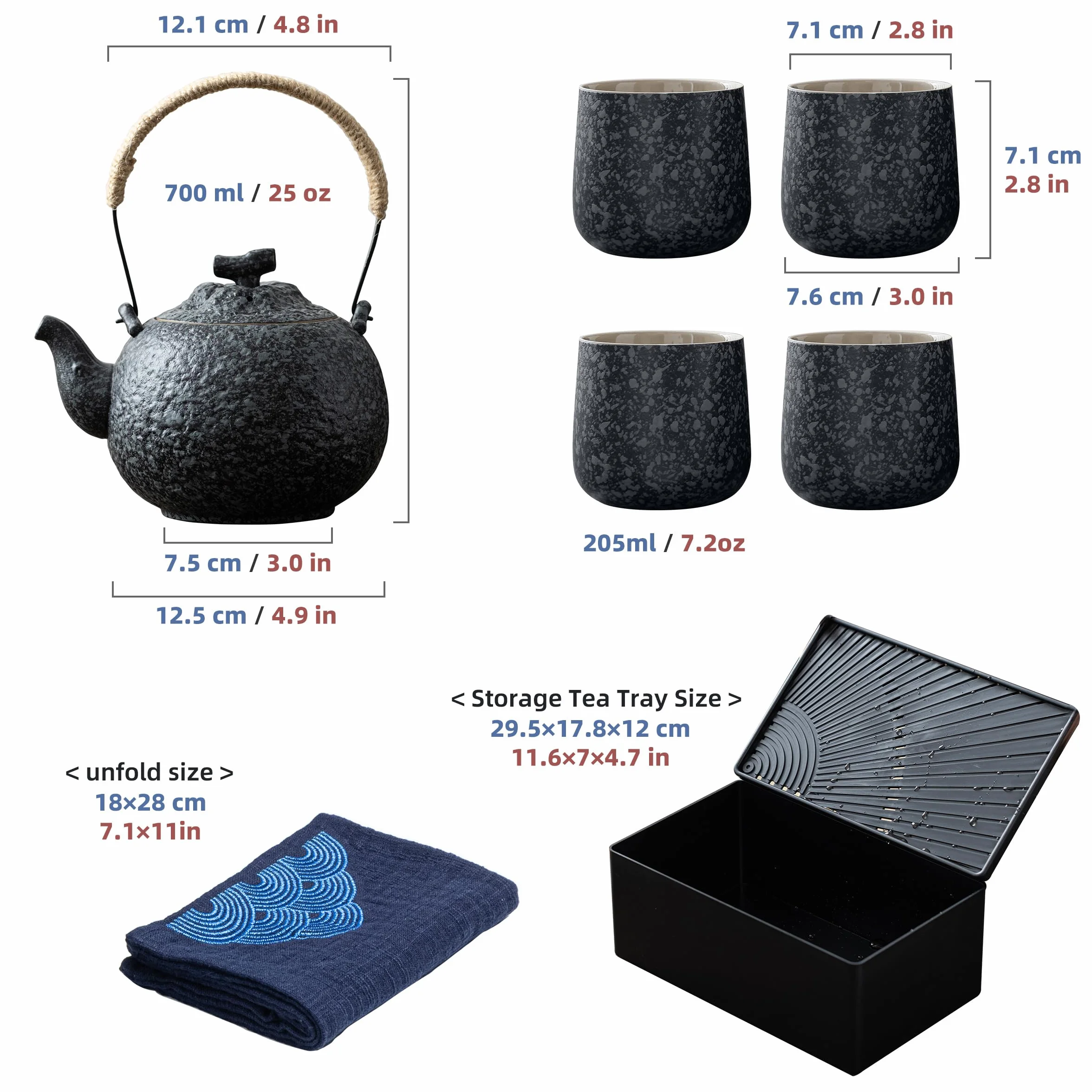 TEANAGOO Przenośny japoński zestaw do herbaty, węglowoszary podróżny porcelanowy zestaw do herbaty, 1 czajniczek (700ml/25oz) + 4 filiżanki do herbaty (205ml/7.2oz), U2, etui na tacę do herbaty