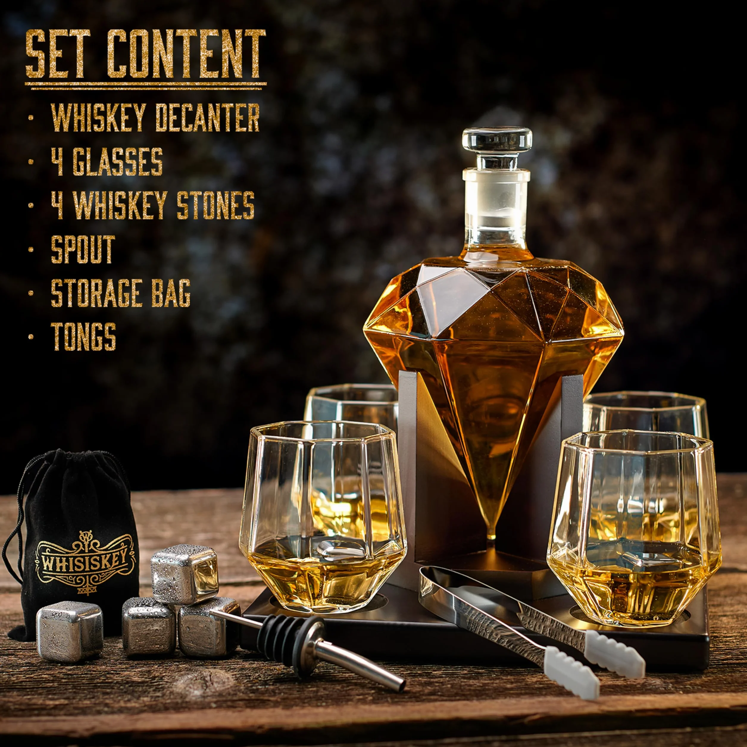 WHISISKEY Zestaw Karafka do Whisky - Zestaw Prezentowy Whiskey - Prezenty dla Mężczyzn - Pomysły na Prezent dla Mężczyzny - Diamentowa Karafka 1000ML, 4 Szklanki do Whisky, 4 Kamienie do Whisky