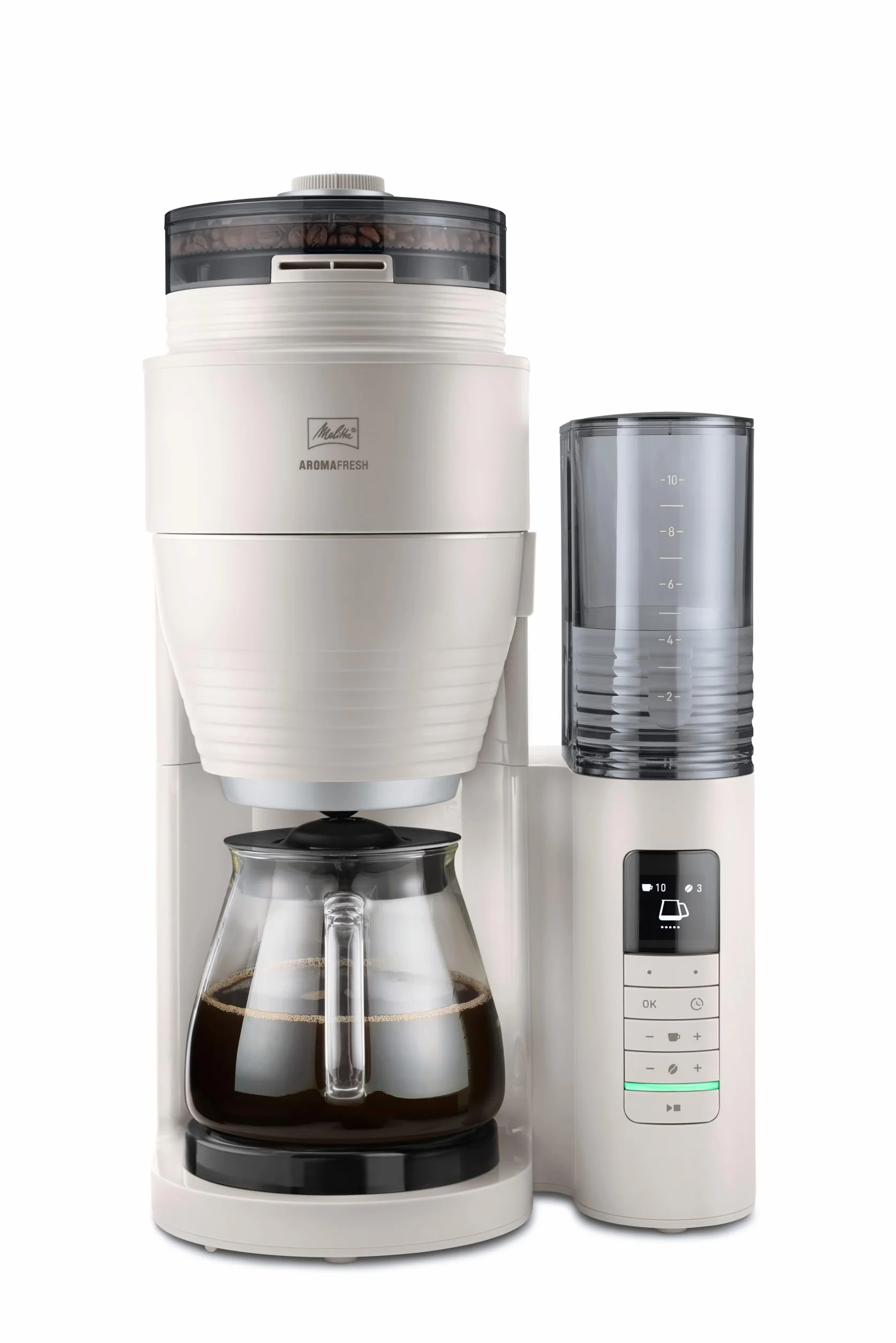 Melitta AromaFresh Pro X – ekspres do kawy z młynkiem, przelewowy ekspres do kawy ze szklanym dzbankiem i wyjmowanym zbiornikiem na wodę, na maks. 10 filiżanek kawy, kolor ciepły szary