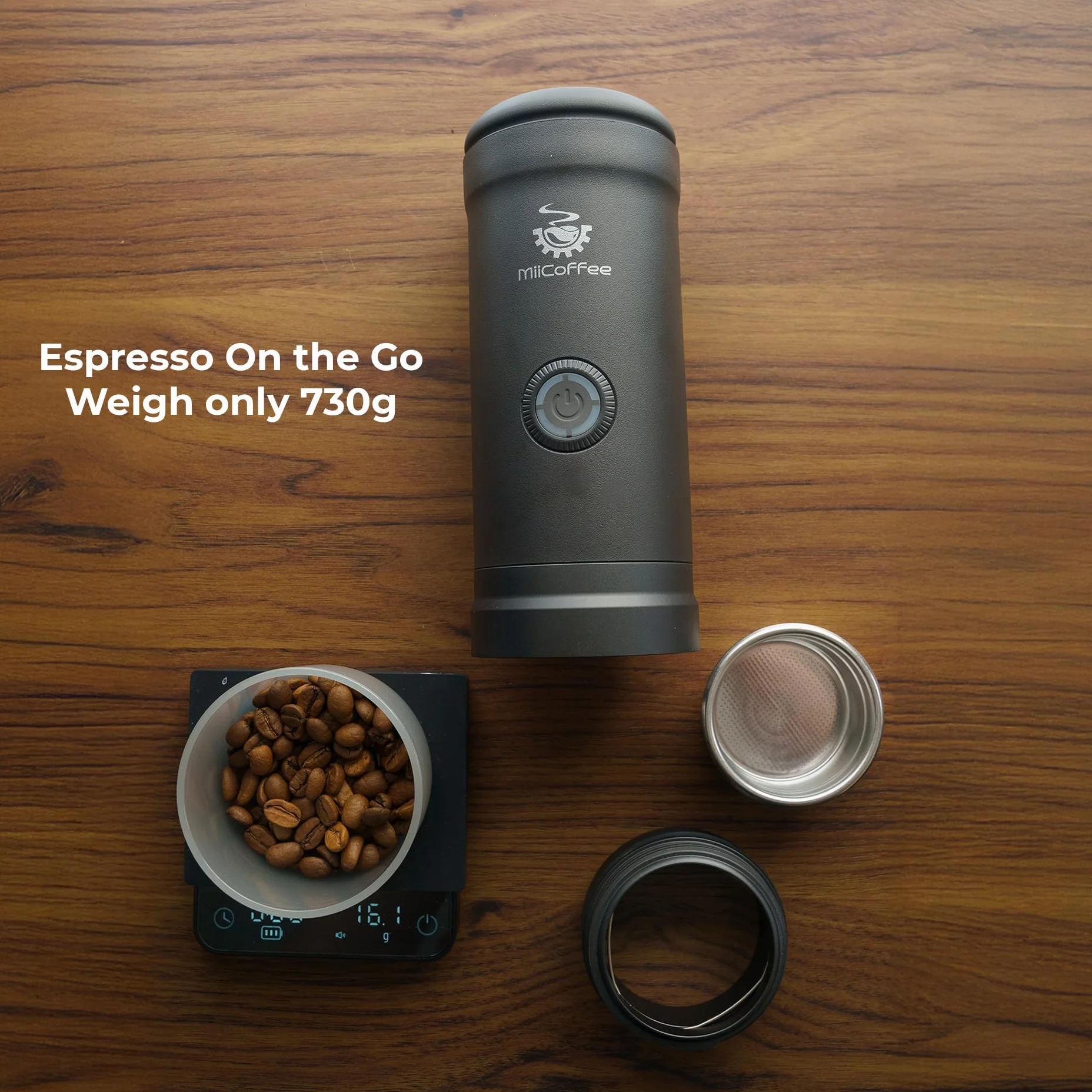 MiiCoffee Eon przenośny ekspres do espresso, podróżny ekspres do kawy z samoczynnym podgrzewaniem i ładowaniem USB-C (szary)