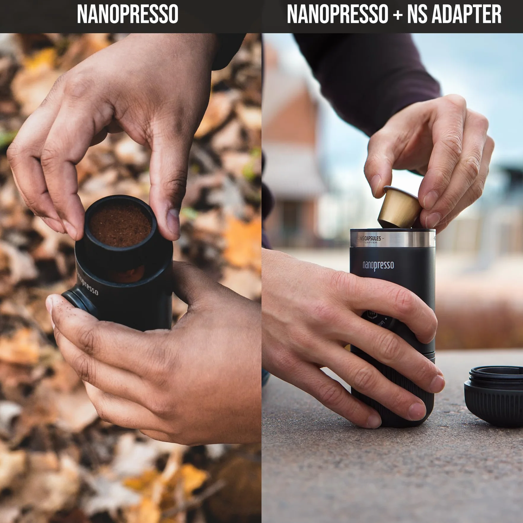 WACACO Przenośny ekspres do kawy Nanopresso w zestawie z NS Adapter, Kompatybilny z kapsułkami NS i kawą mieloną, Zestaw ręcznego ekspresu do kawy, Idealny na kemping