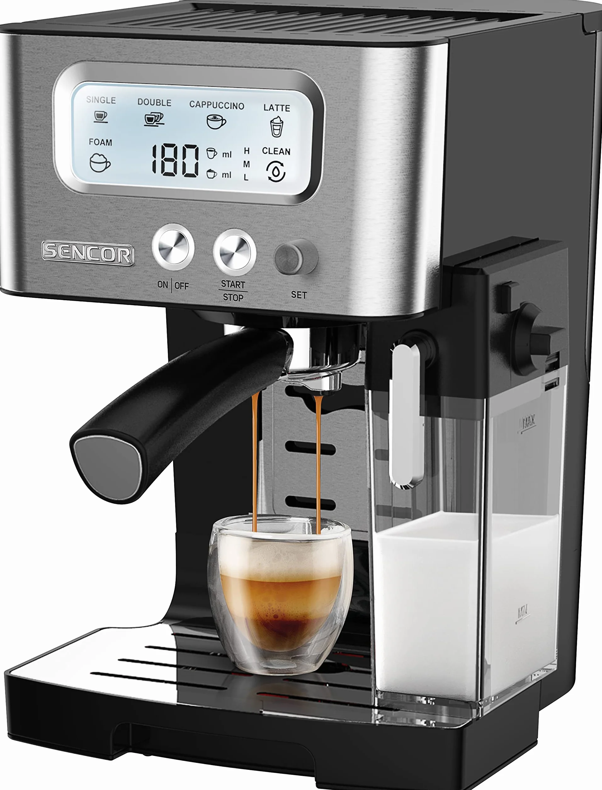 Sencor Maszyna do espresso 15 barów ze spieniaczem, zbiornikiem mleka, LCD, termoblok Barista Express
