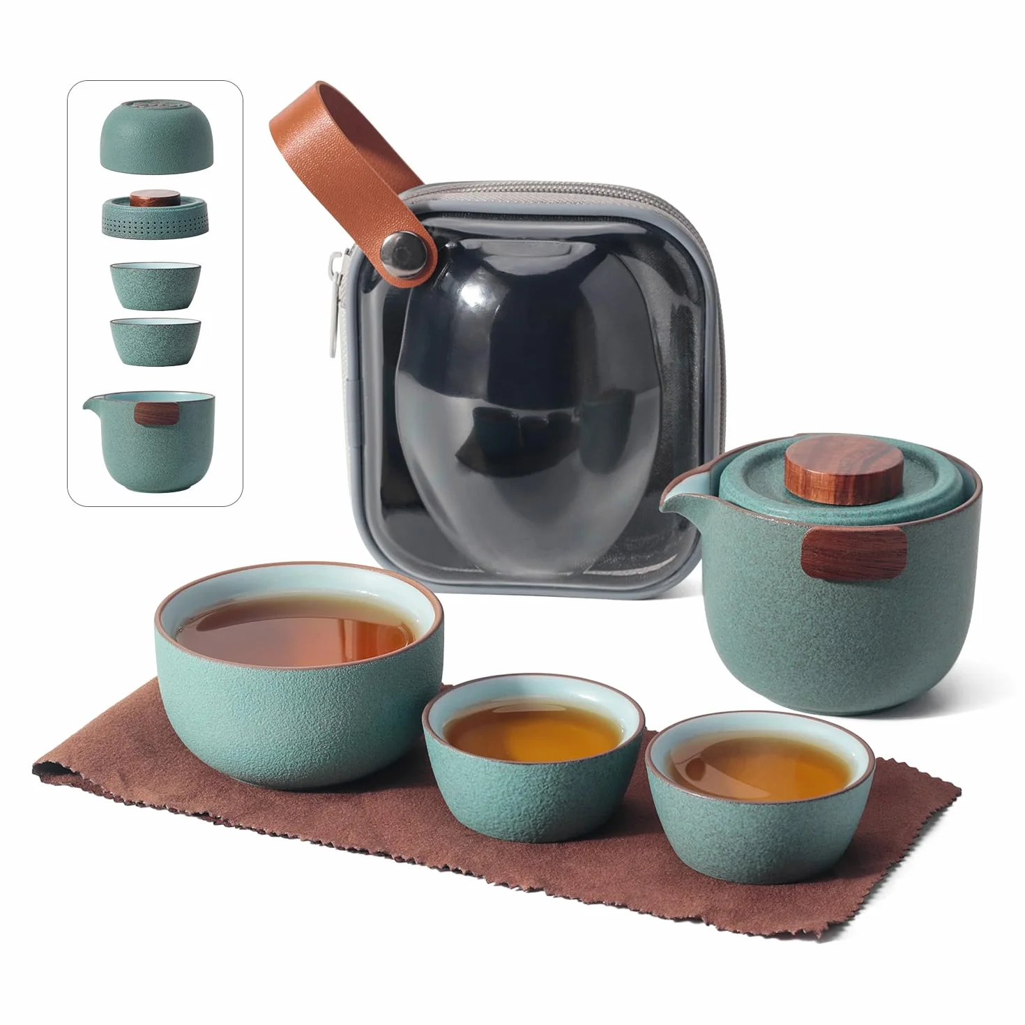 Przenośny zestaw czajniczek Kungfu, ceramiczny zestaw do herbaty Gongfu z 3 filiżankami na jeden zestaw w torbie podróżnej, podróżny zestaw do herbaty dzbanek do herbaty dla miłośników herbaty dom