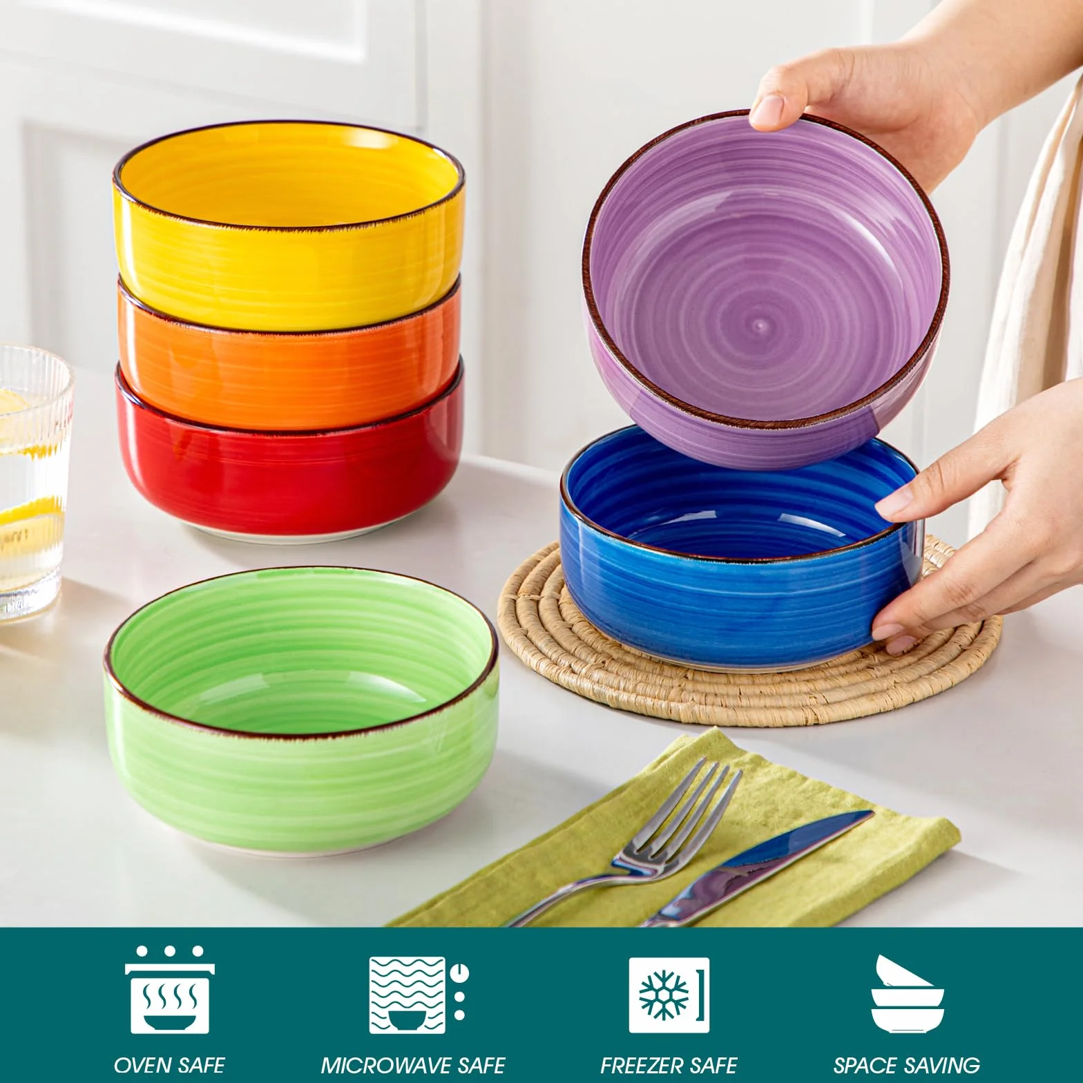 vancasso BONITA 6-częściowy zestaw misek do musli, 720 ml, miski ceramiczne, miski do sałatek, miski na zupę, musli, kuchenki mikrofalowe, do mycia w zmywarce i do piekarnika, kolorowe