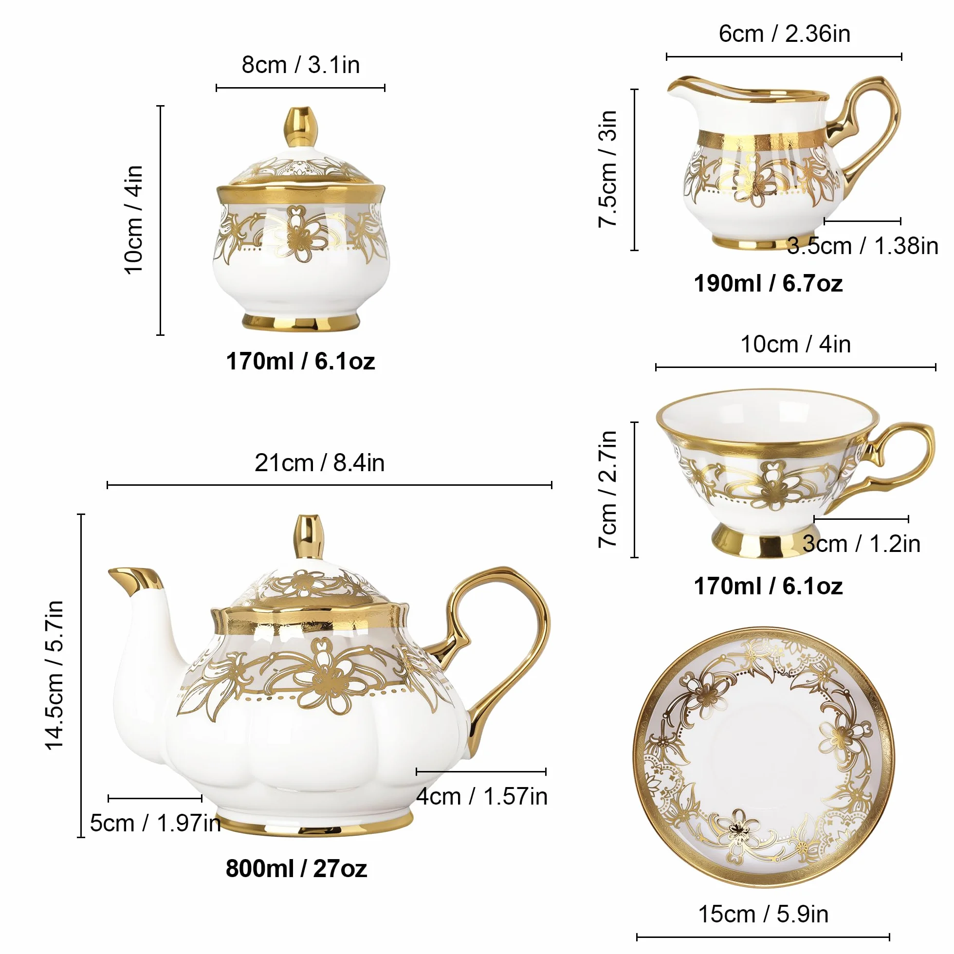 fanquare 21-częściowy porcelanowy serwis do herbaty z cukiernicą, dzbankiem na mleko, filiżankami i spodkami dla 6 osób, Królewski serwis do kawy z kwiatowym wzorem i złotym wykończeniem na przyjęcie