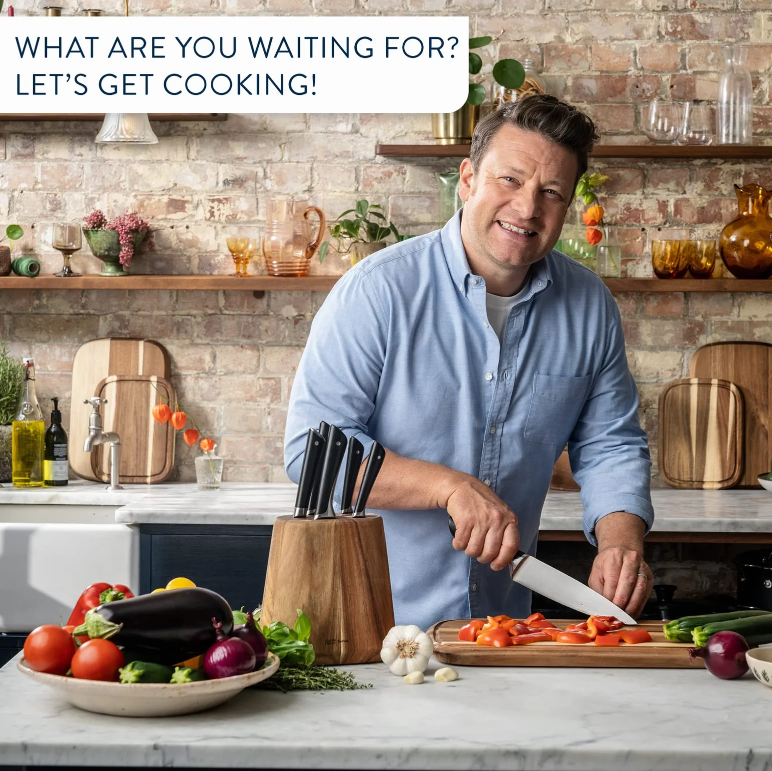 Tefal K267S656 Jamie Oliver, 7-częściowy blok na noże, 6 noży kuchennych + drewniany blok na noże, wysoka wydajność cięcia, niepowtarzalne wzornictwo, wytrzymałe i trwałe ostrza, brązowy/czarny
