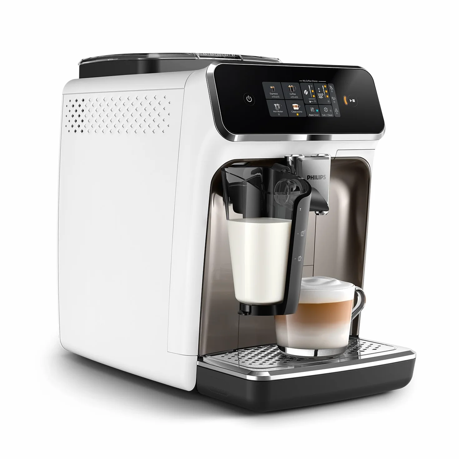 Philips Seria 2300 W Pełni Automatyczny Ekspres Do Kawy – 4 Napoje, Nowoczesny, kolorowy ekran dotykowy, LatteGo, SilentBrew, Ceramiczny Młynek, Filtr AquaClean, Kolor Biały Chrom (EP2333/40)