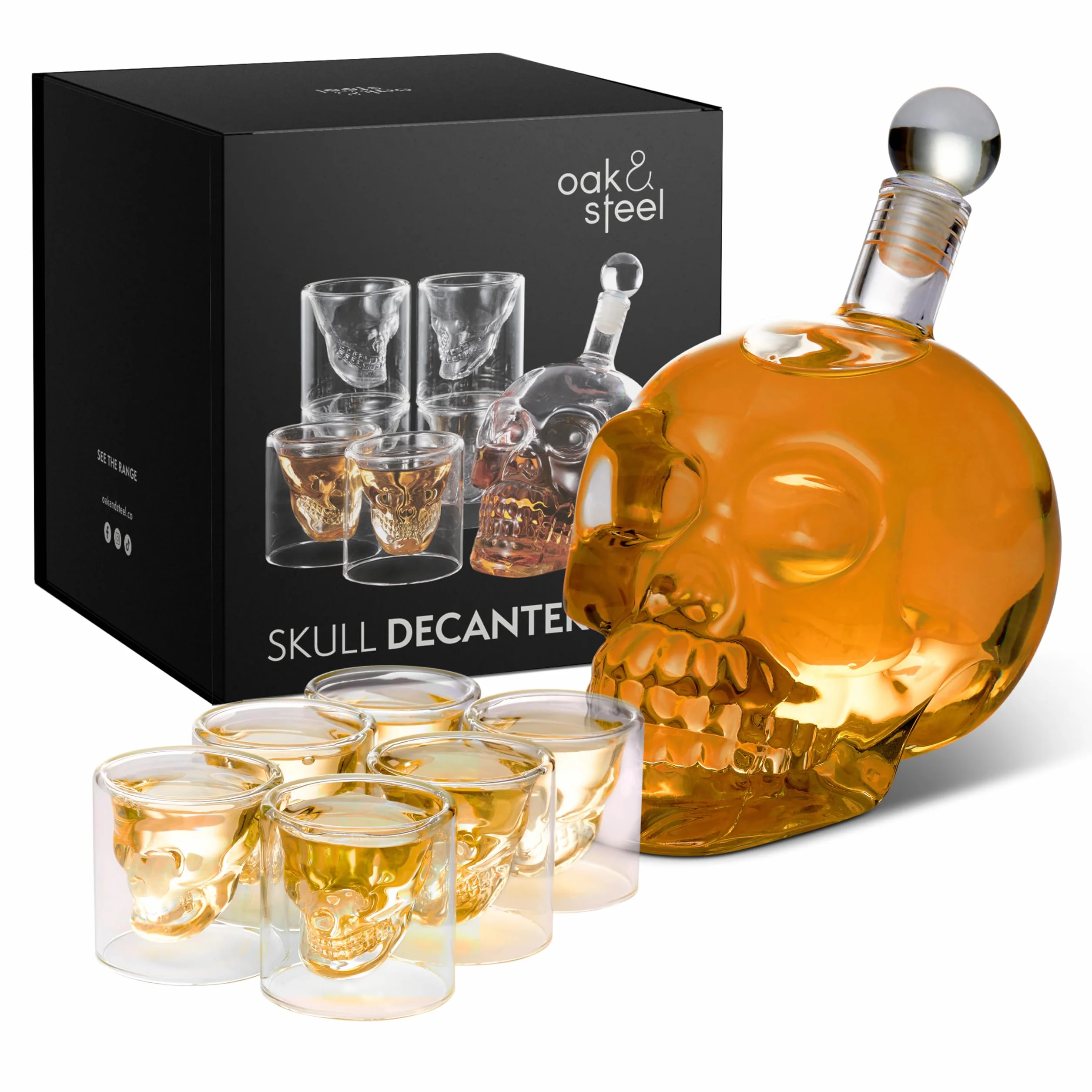 Oak & Steel - Karafka z Czaszką Whisky (700ml) z 6 Kieliszki do Szotów (75 ml) - Zestaw Upominkowy dla Mężczyzn, Dzień Ojca, Urodziny, Boże Narodzenie