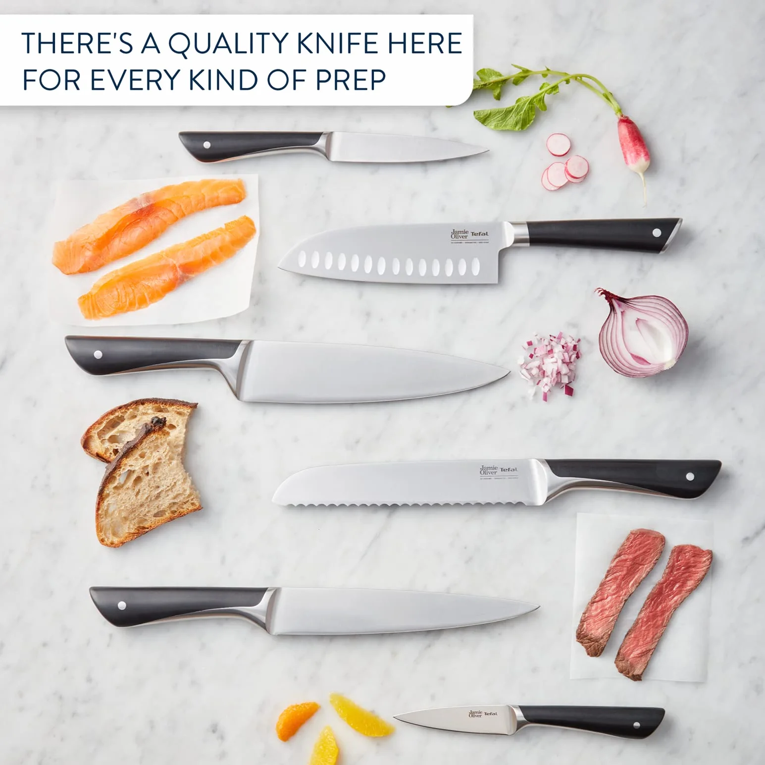 Tefal K267S656 Jamie Oliver, 7-częściowy blok na noże, 6 noży kuchennych + drewniany blok na noże, wysoka wydajność cięcia, niepowtarzalne wzornictwo, wytrzymałe i trwałe ostrza, brązowy/czarny