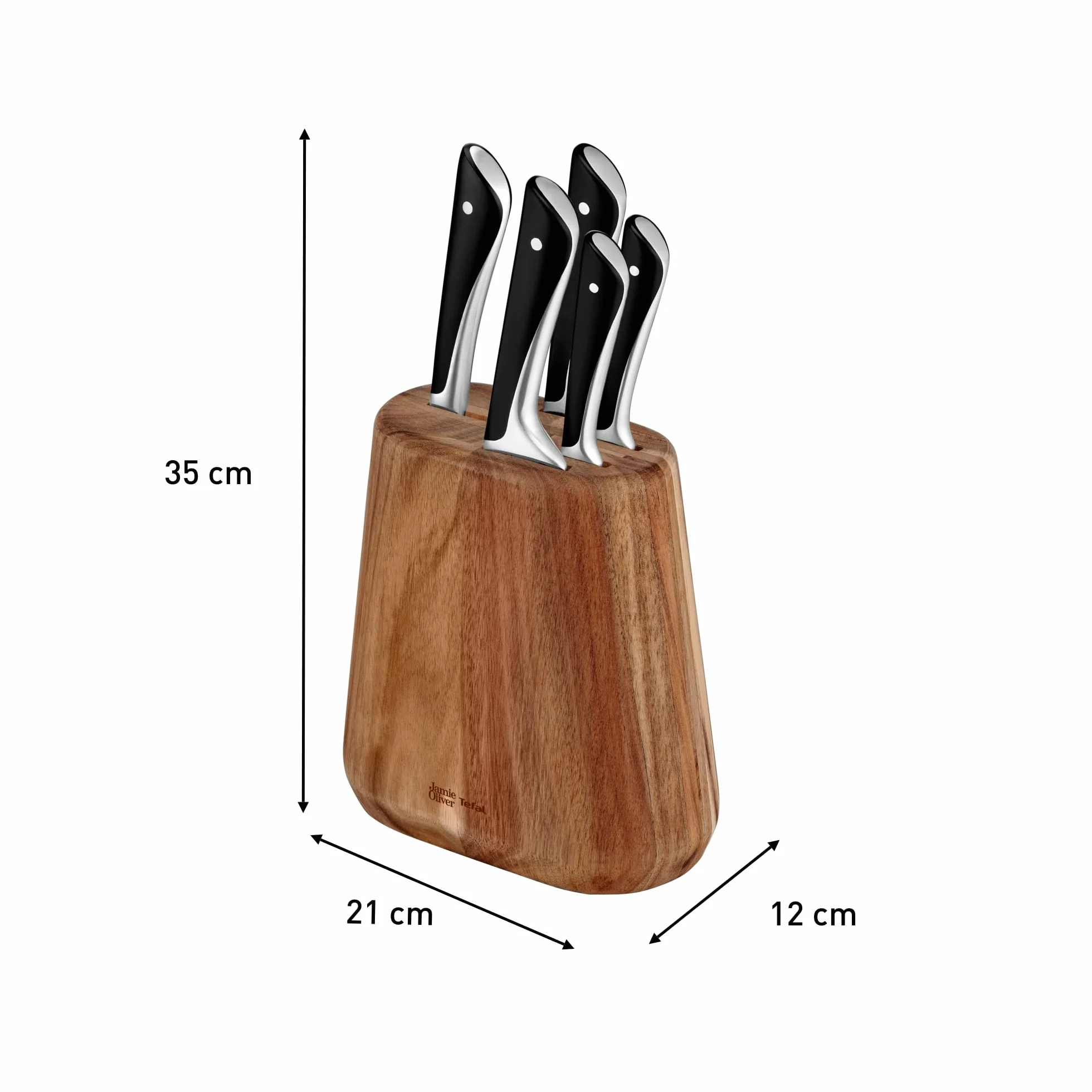 TEFAL K267S556 Jamie Olivier, 5-częściowy blok na noże, 5 noży kuchennych + drewniany blok na noże, wysoka wydajność cięcia, niepowtarzalne wzornictwo, wytrzymałe i trwałe ostrza, Brązowy/Czarny
