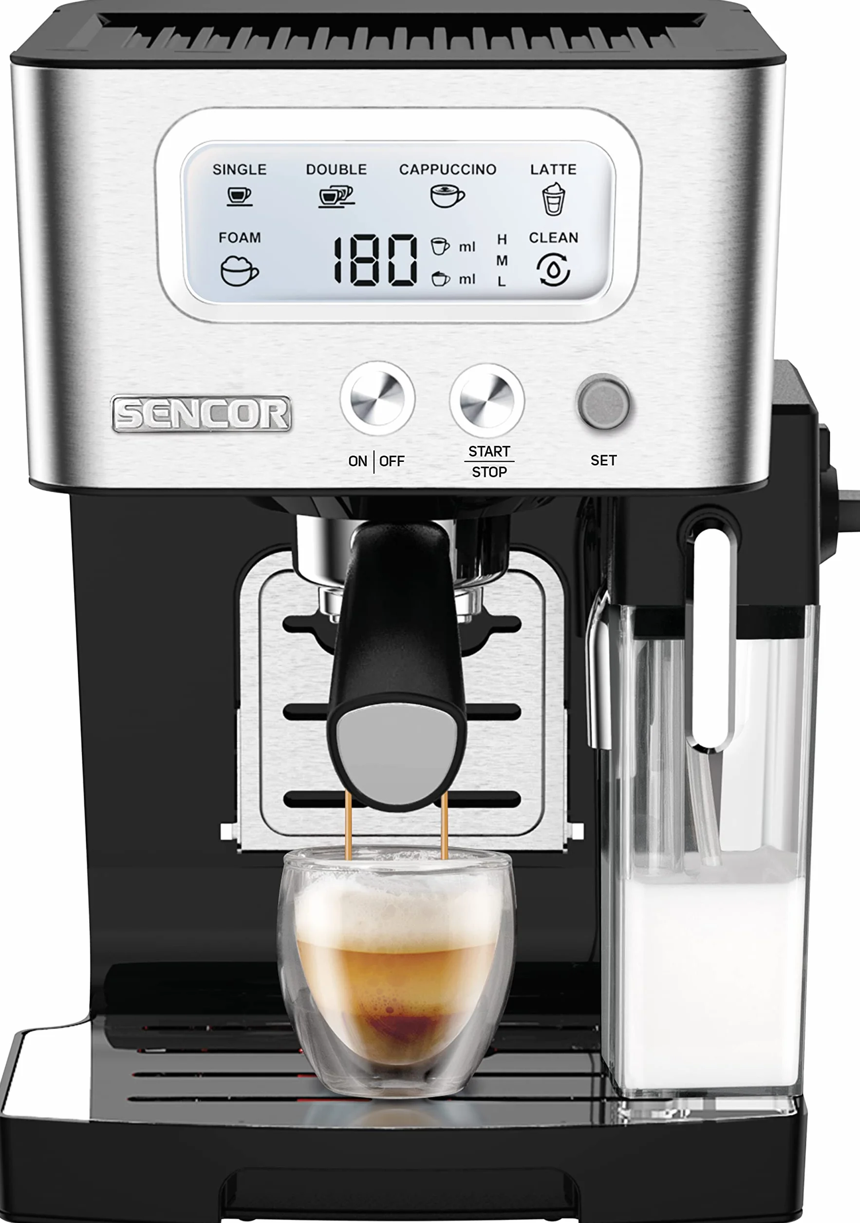 Sencor Maszyna do espresso 15 barów ze spieniaczem, zbiornikiem mleka, LCD, termoblok Barista Express