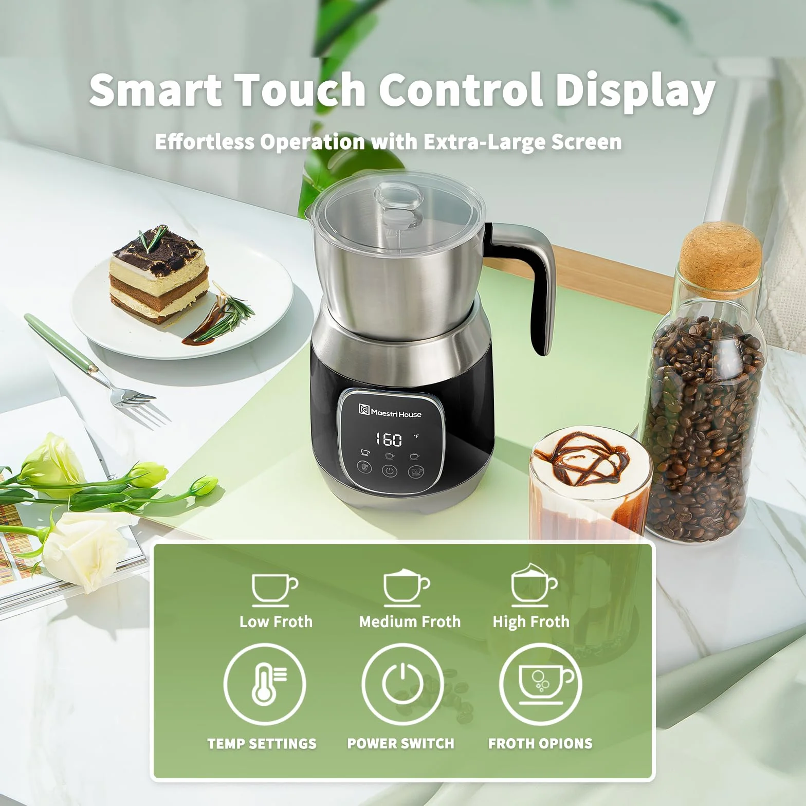 Maestri House 12 w 1 600 ml spieniacz do mleka o zmiennej temperaturze i sile piany, elektryczny spieniacz do mleka, inteligentne sterowanie dotykowe, do latte cappuccino, gorącej czekolady i mleka