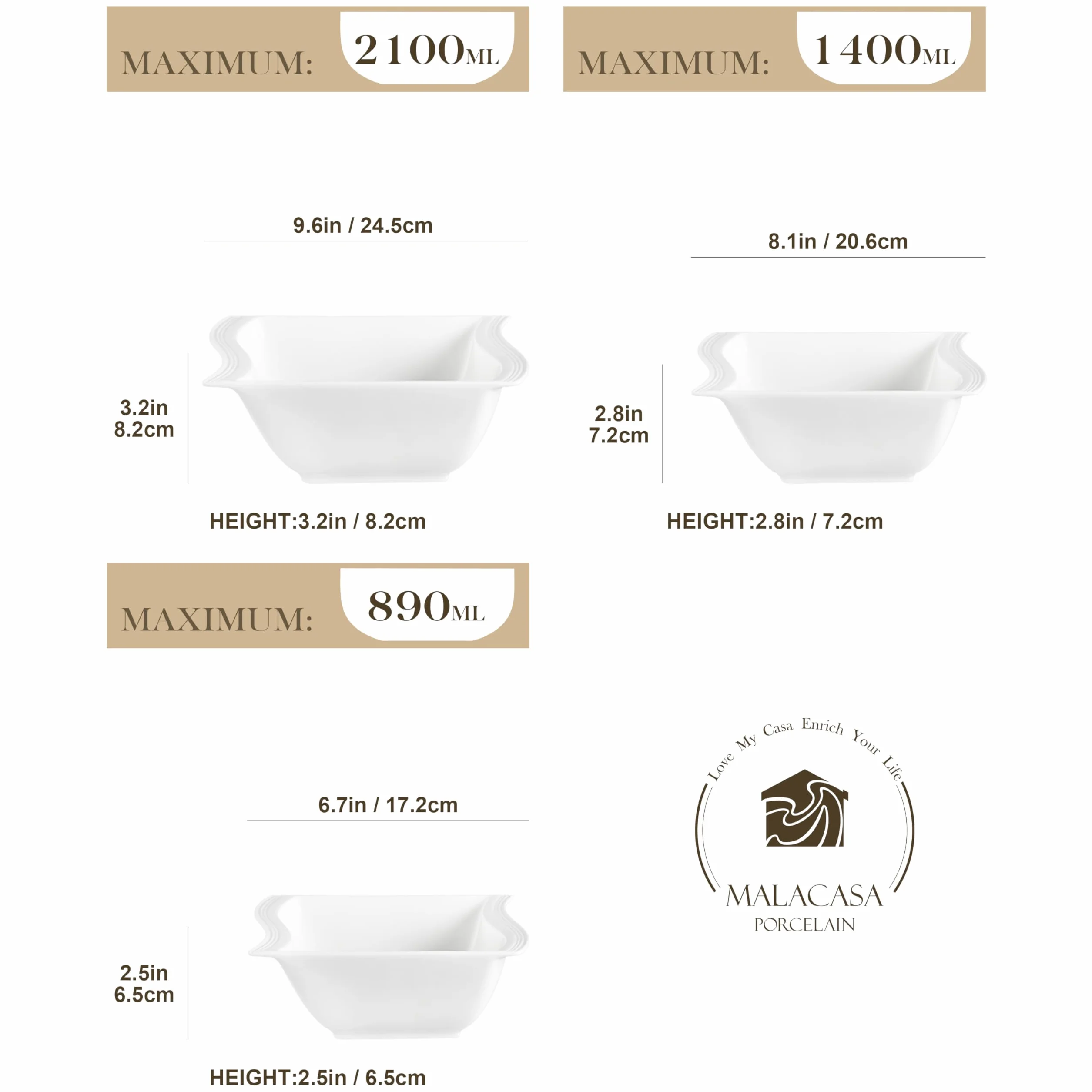 MALACASA Seria Flora – 3-częściowy zestaw porcelanowych misek w kolorze kości słoniowej z 1 kwadratową miską 18 cm, 1 kwadratową miską 21,5 cm i 1 kwadratową miską 25 cm