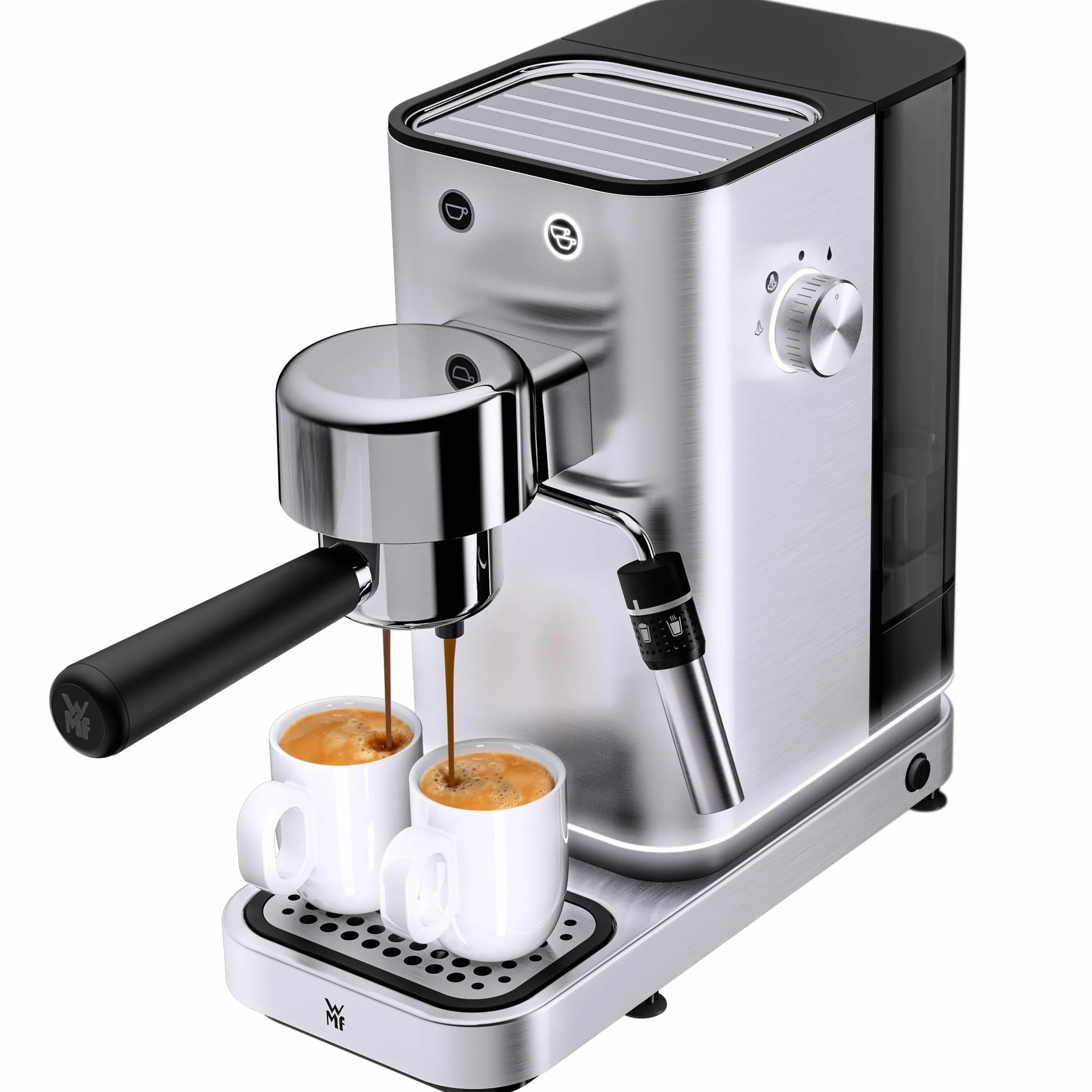 WMF Lumero ekspres do kawy z sitkiem, 1400 W, 3 wkładki, na 1-2 filiżanki espresso, również do saszetek, 15 bar, powierzchnia do odstawiania filiżanek, dysza do spieniania mleka, stal nierdzewna