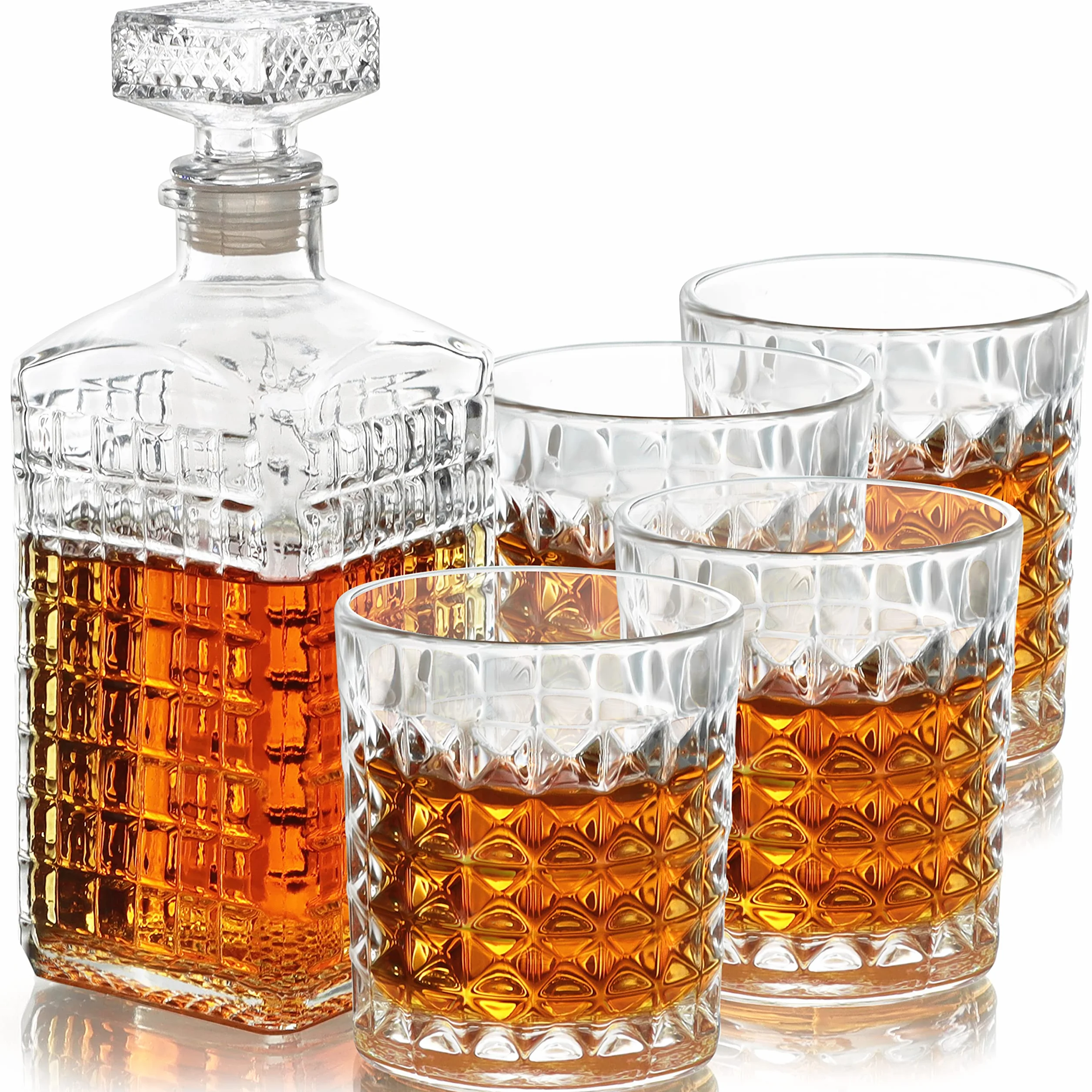 Belle Vous Szklana karafka do whisky (5 sztuk) – karafka na alkohol 500 ml z 4 grawerowanymi szklankami 260 ml – zestaw karafek idealny do whisky, wina, brandy, burbonu i innych trunków