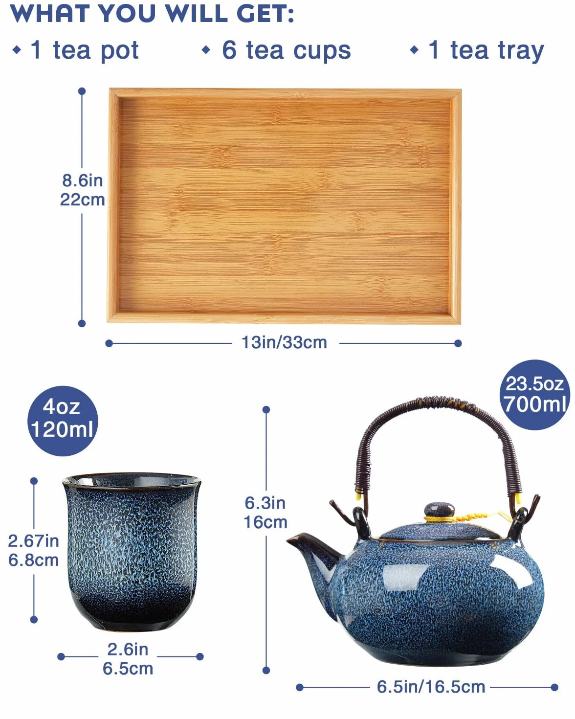 DUJUST Japoński zestaw do herbaty dla 6 osób, porcelanowy, glazura wypalana w piecu, 1 dzbanek, 6 filiżanek i 1 taca na herbatę, wyjątkowy chiński zestaw dla miłośników herbaty, jasnoniebieski